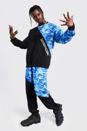 Man Camo Spliced Raw Seam Sweater Tracksuit