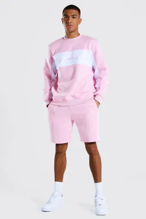 Man Colour Block Short Sweater Tracksuit