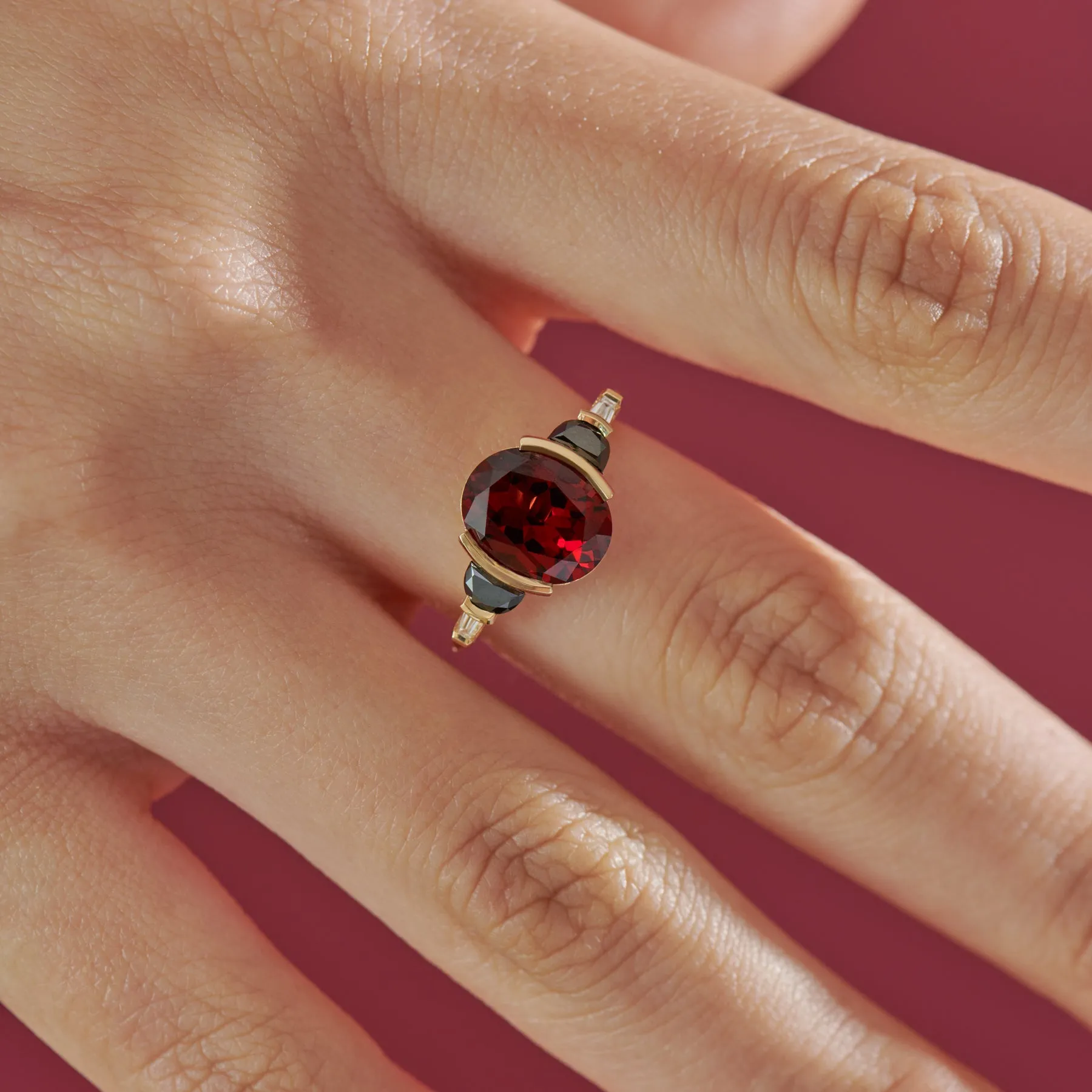 Mars OOAK Red Garnet Oval & Black Half Moon Diamond Engagement