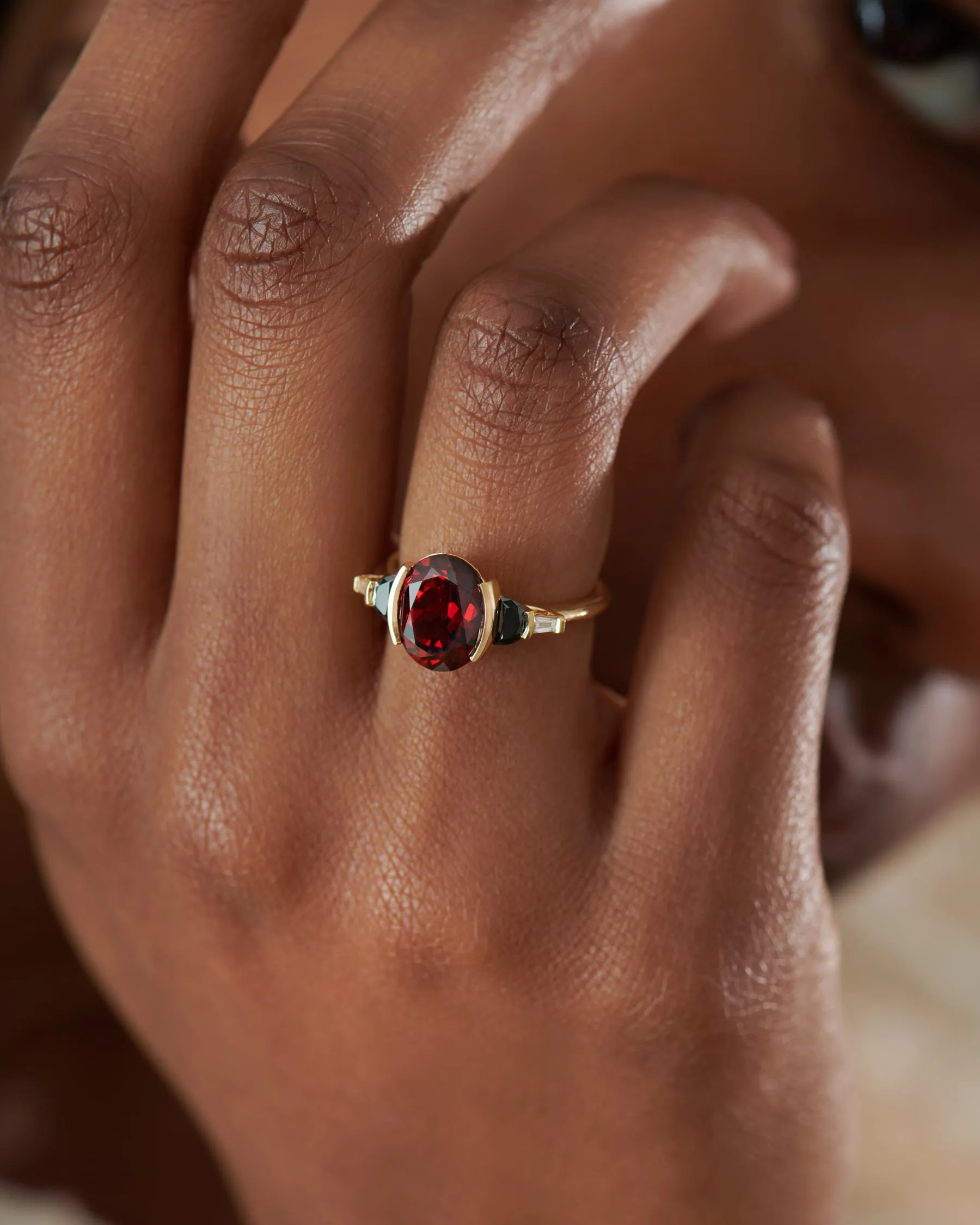 Mars OOAK Red Garnet Oval & Black Half Moon Diamond Engagement