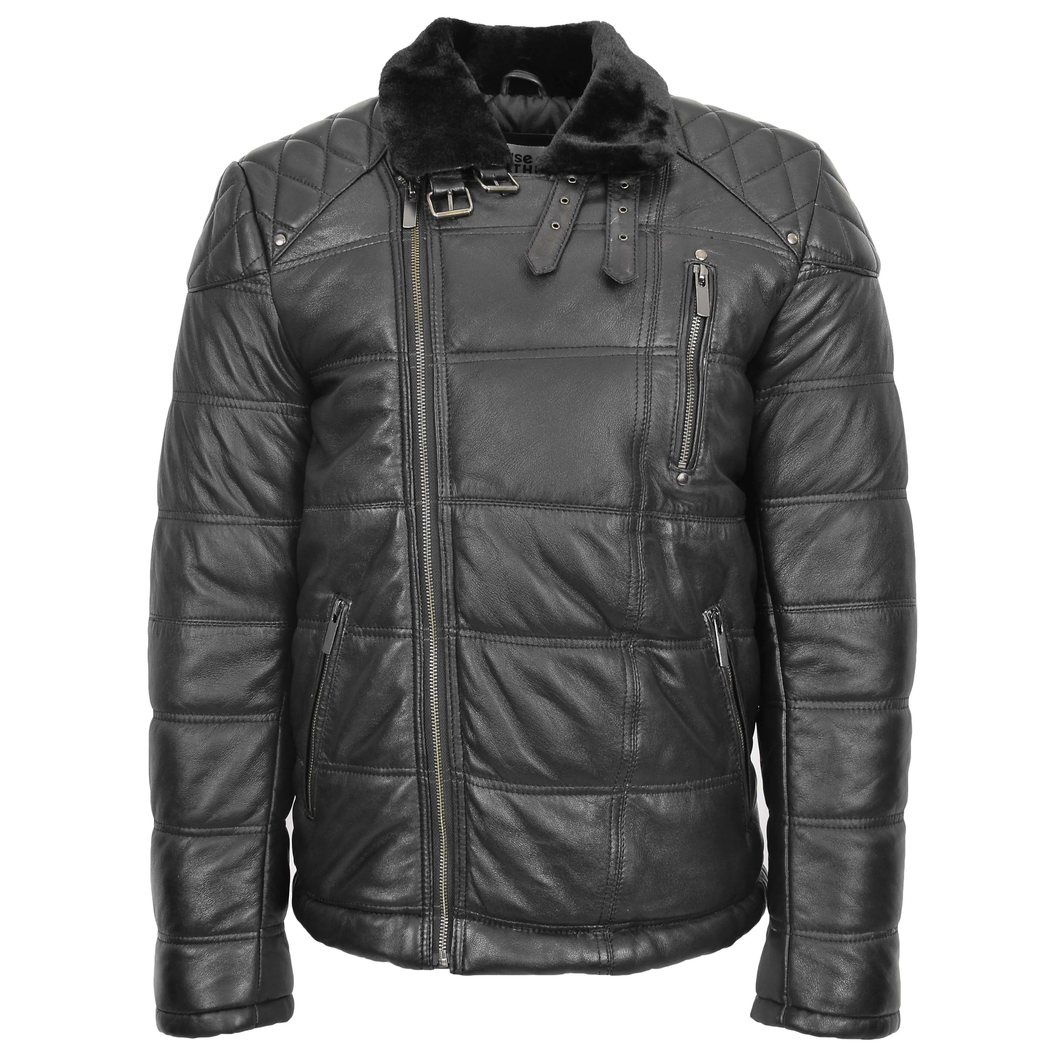 Mens Leather Biker Style Puffer Jacket Ronnie Black