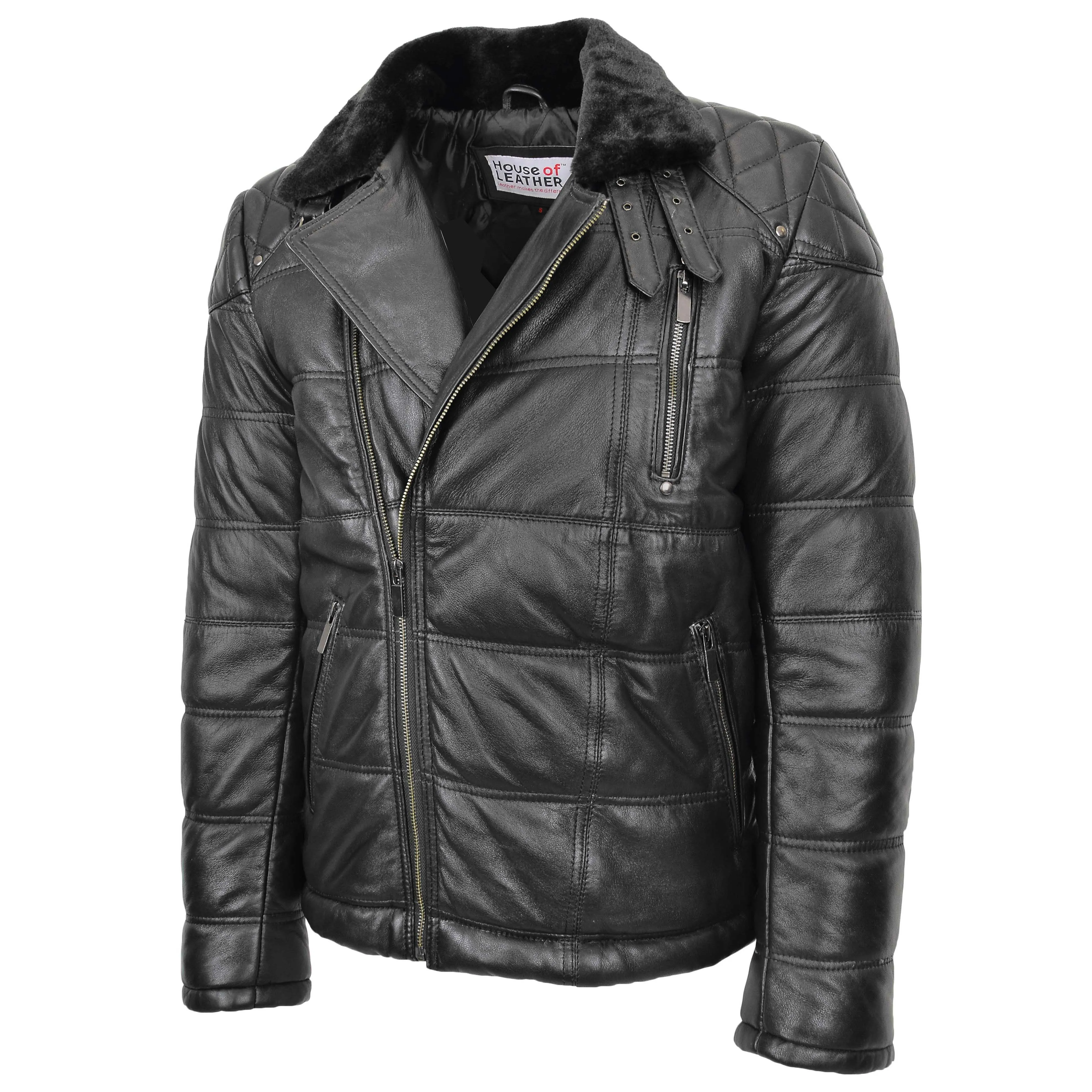 Mens Leather Biker Style Puffer Jacket Ronnie Black