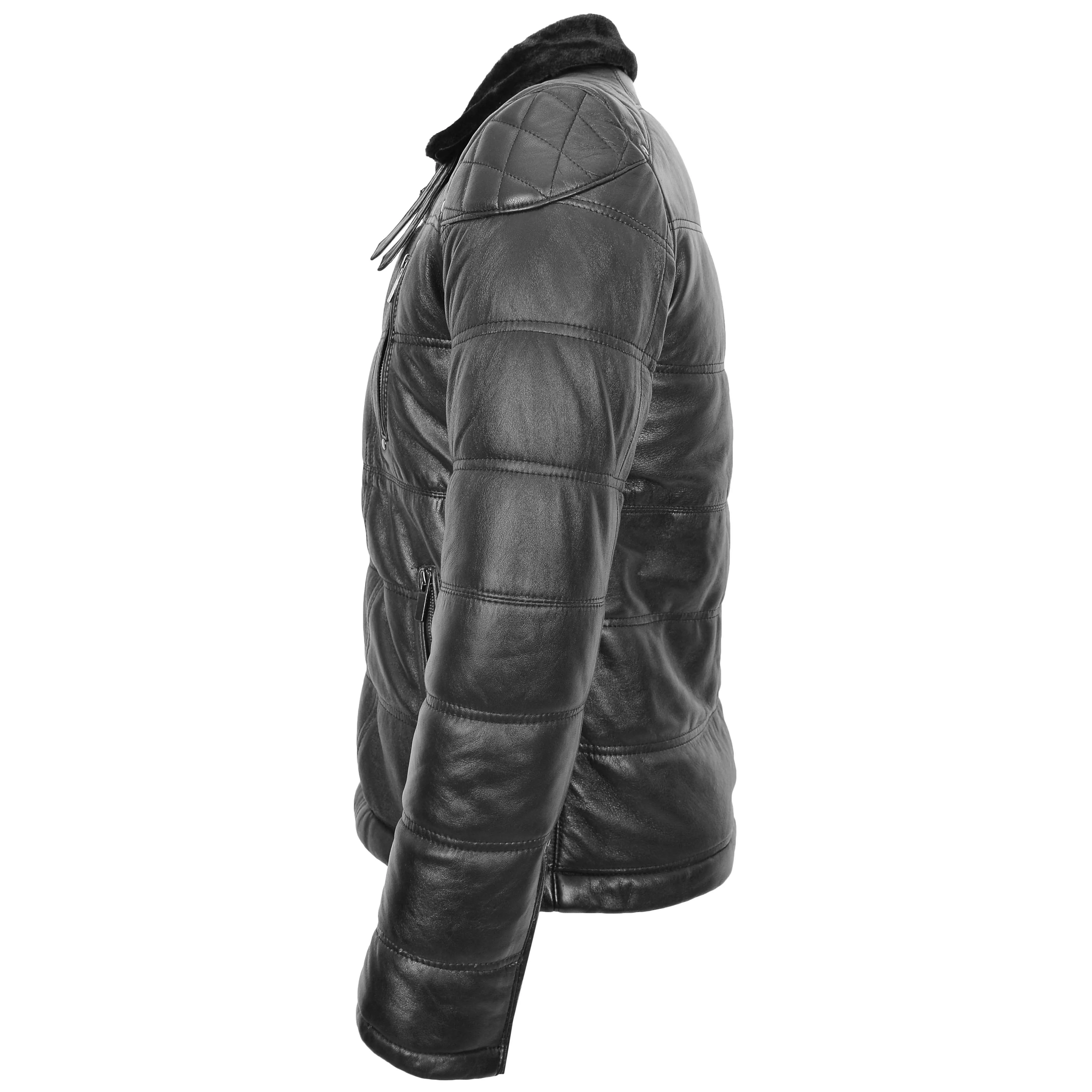 Mens Leather Biker Style Puffer Jacket Ronnie Black