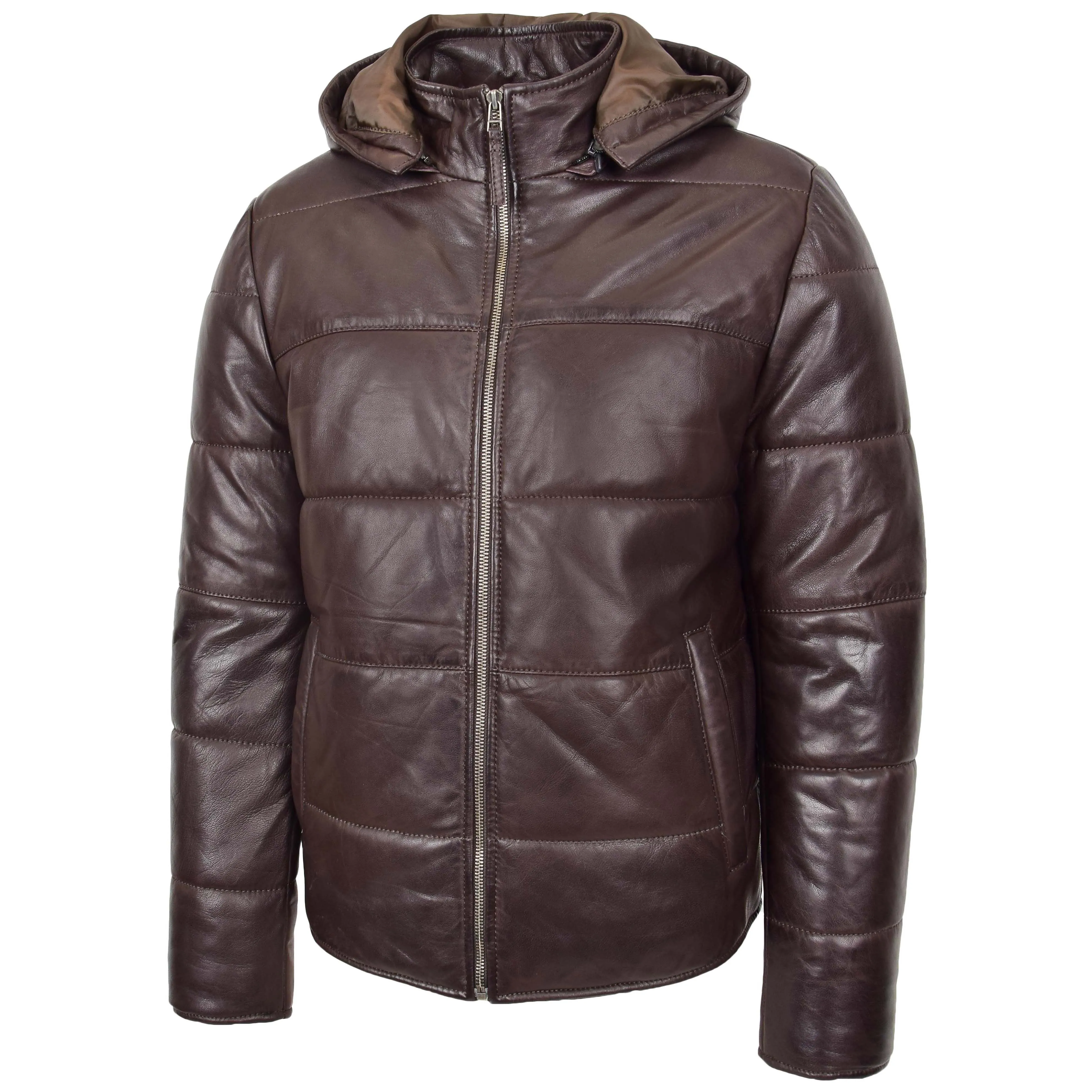 Mens Leather Hooded Puffer Jacket Rory Brown