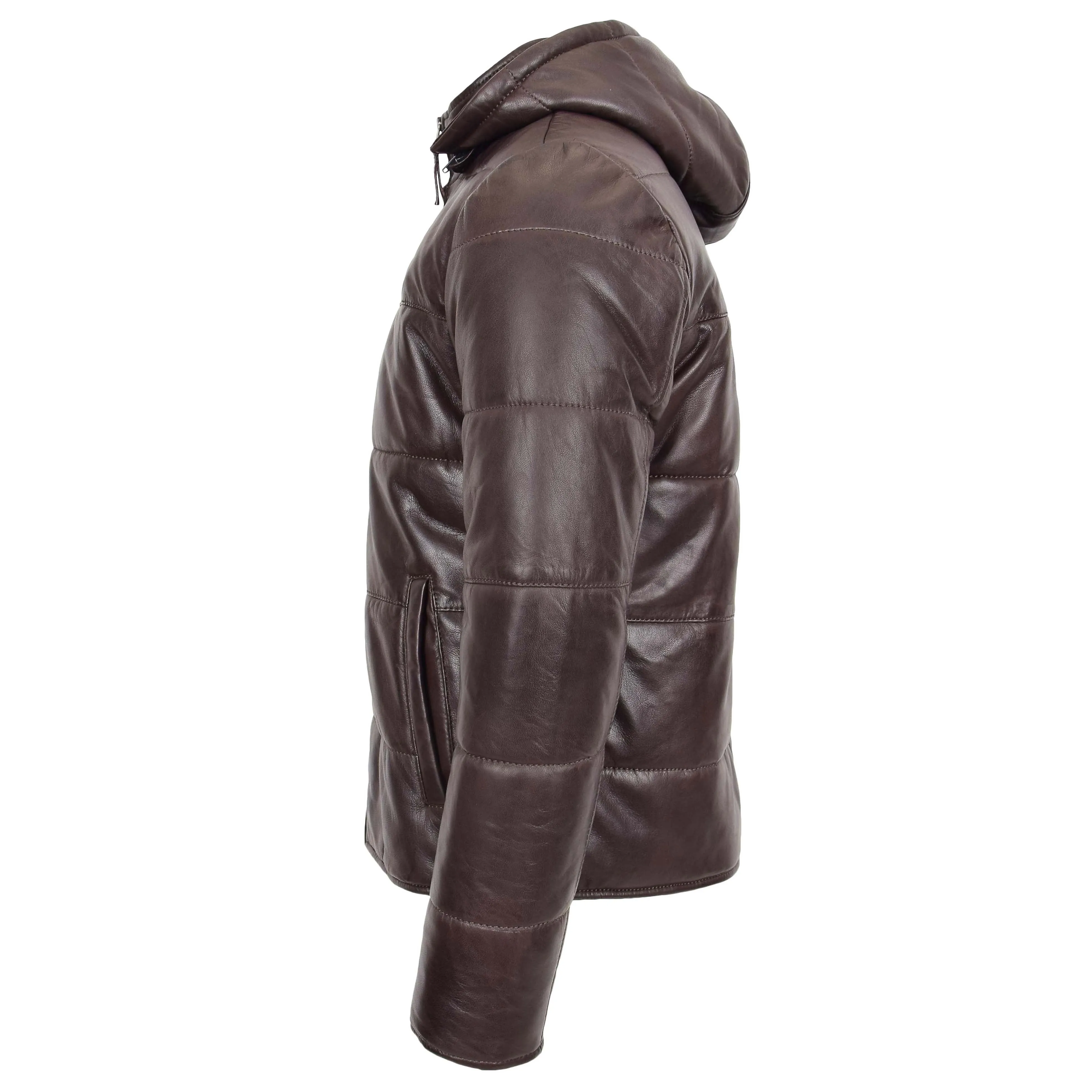 Mens Leather Hooded Puffer Jacket Rory Brown