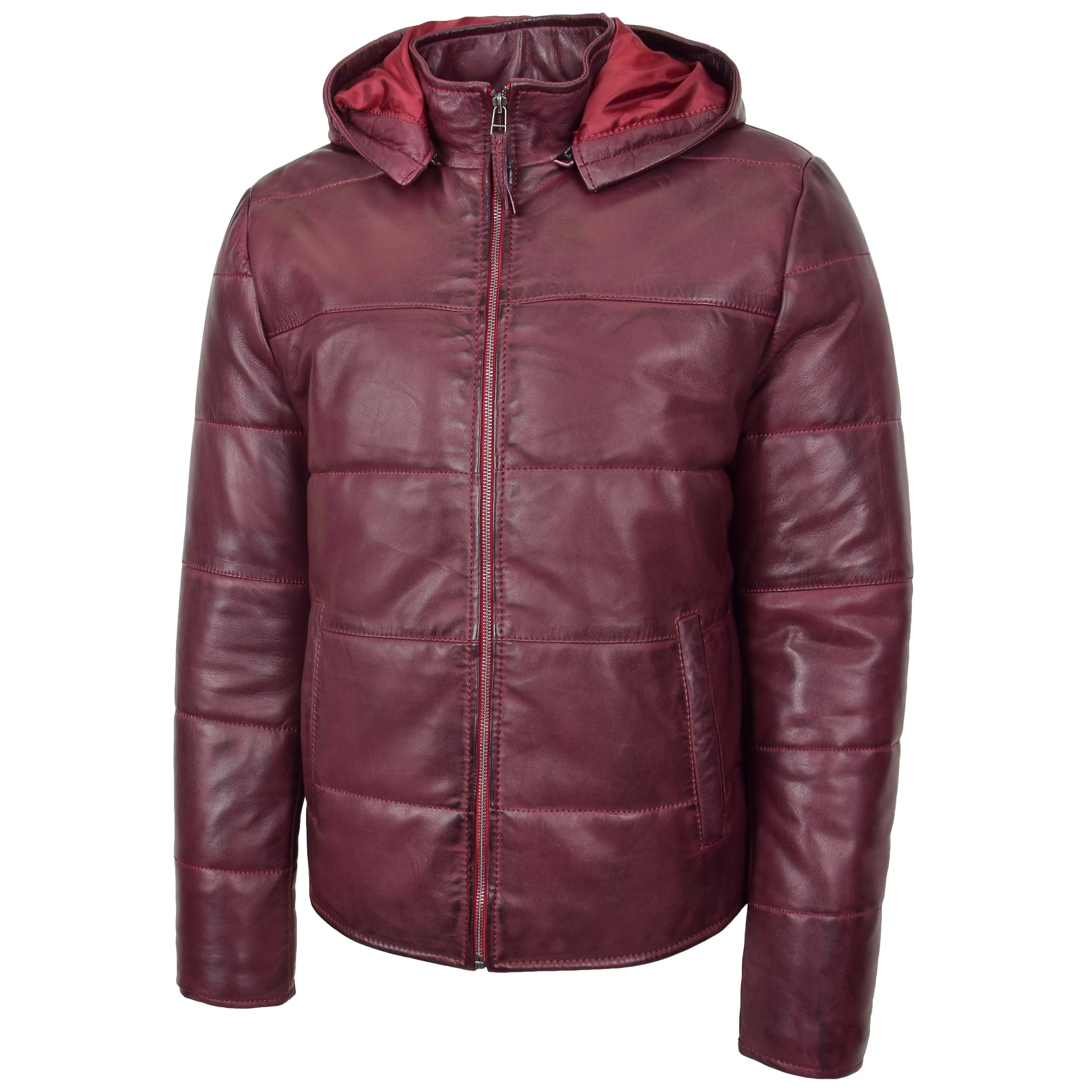 Mens Leather Hooded Puffer Jacket Rory Burgundy