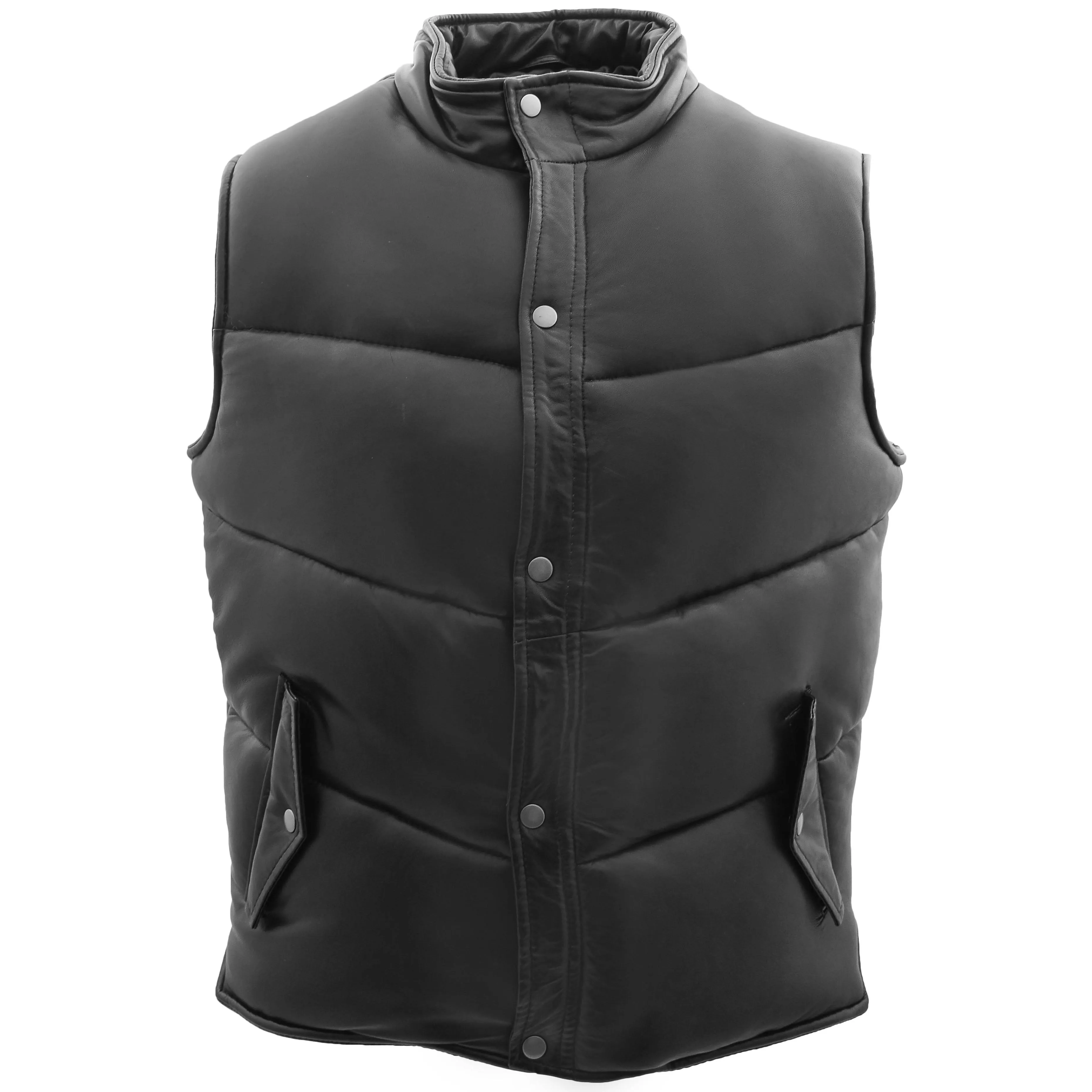 Mens Leather Puffer Waistcoat Body Warmer Leon Black