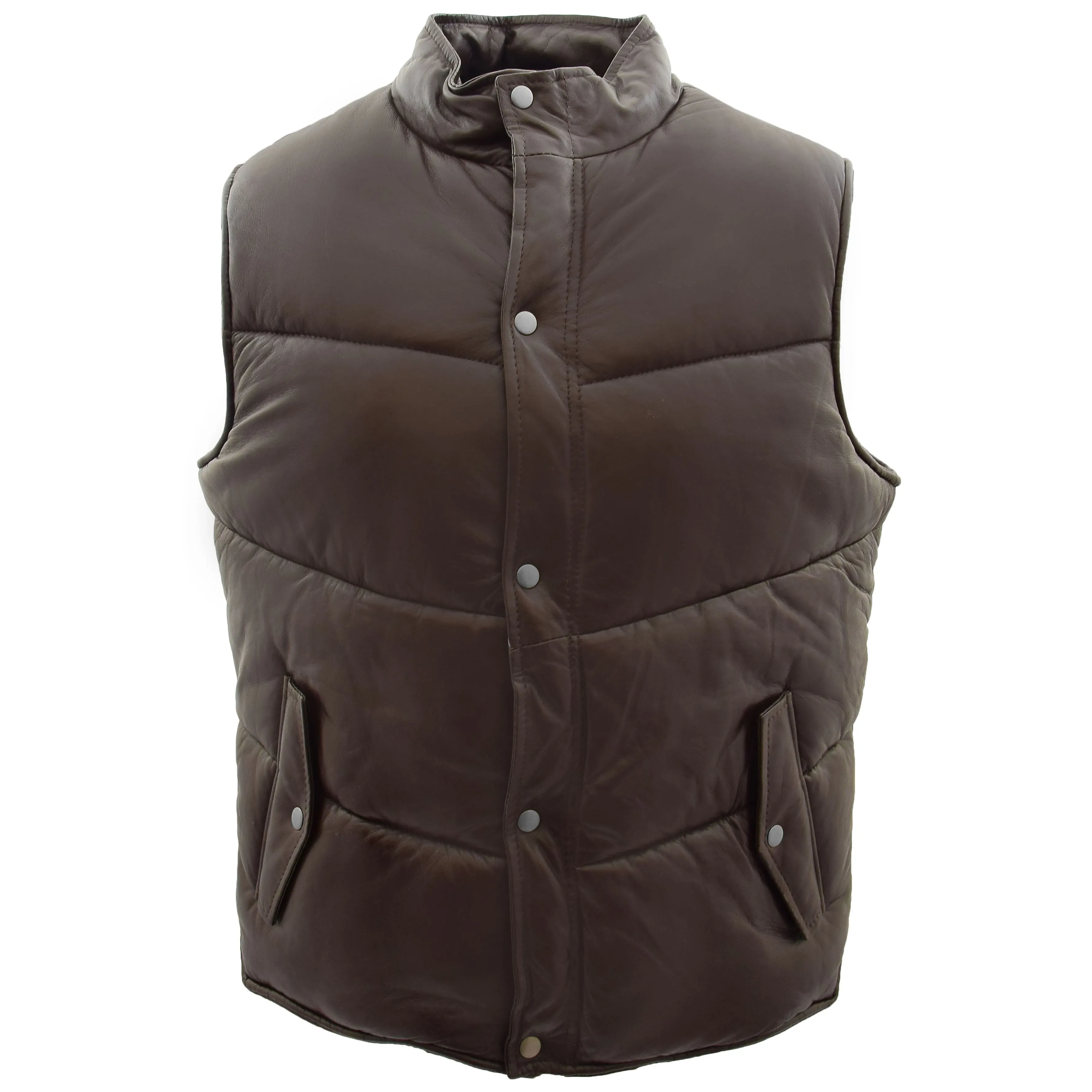 Mens Leather Puffer Waistcoat Body Warmer Leon Brown