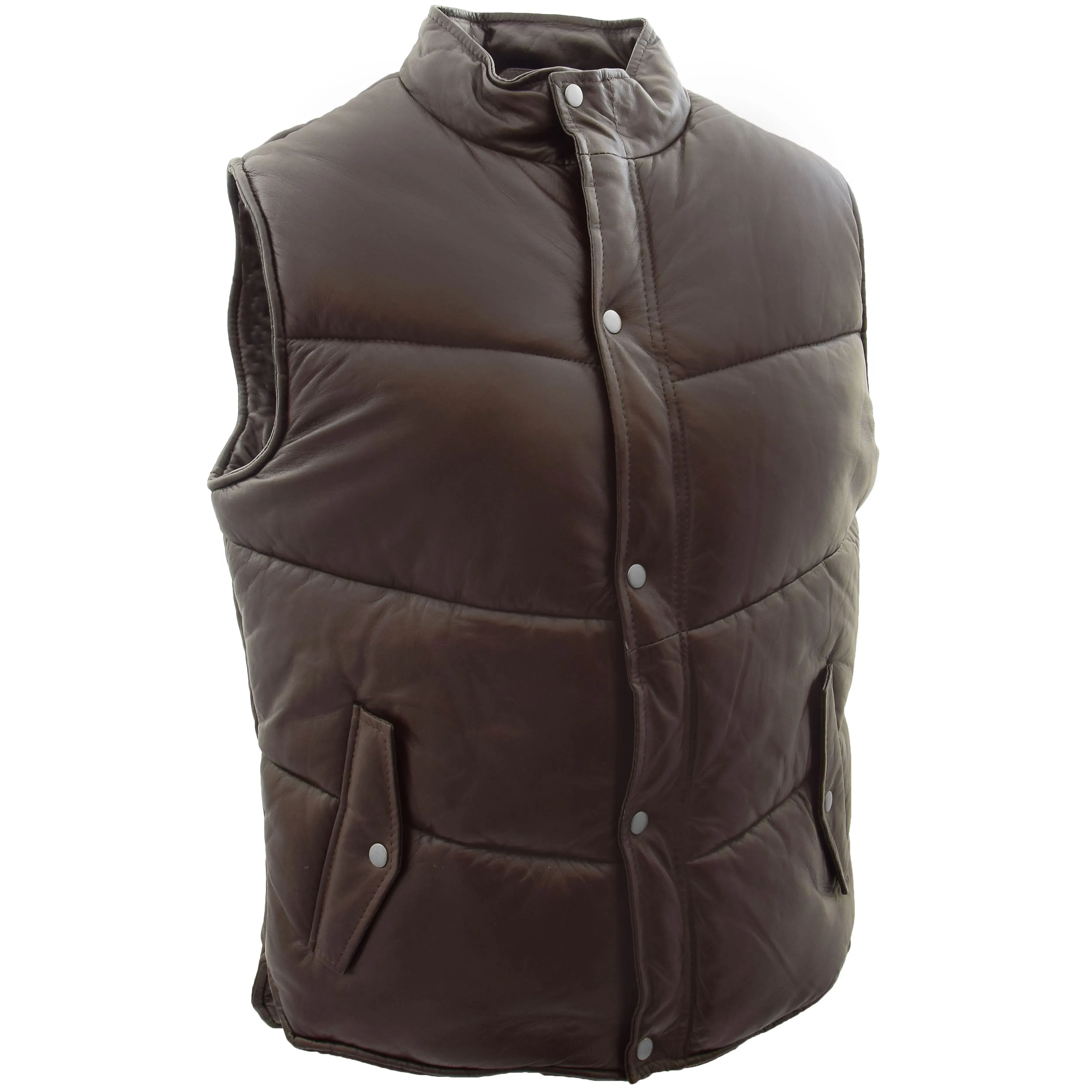 Mens Leather Puffer Waistcoat Body Warmer Leon Brown