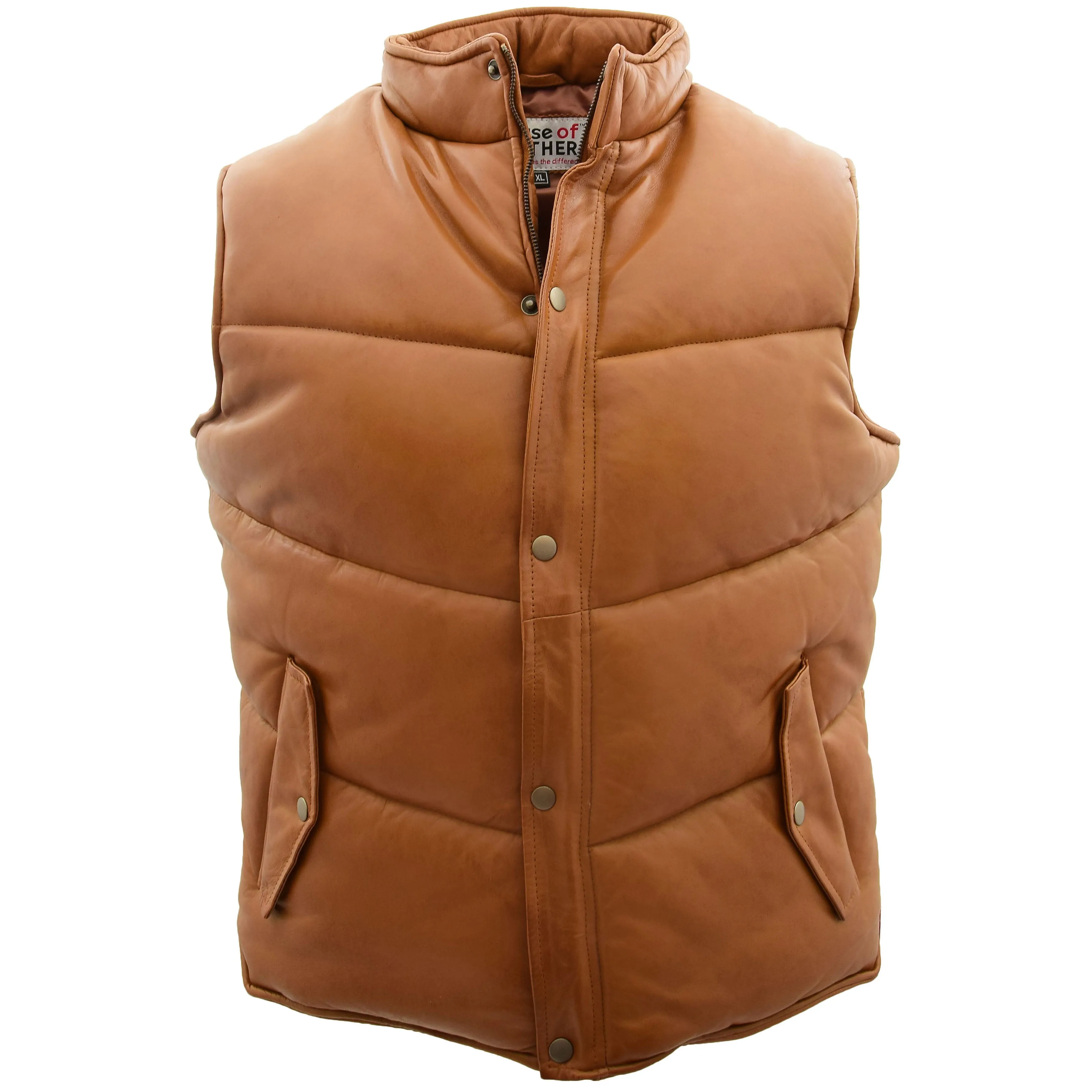 Mens Leather Puffer Waistcoat Body Warmer Leon Tan