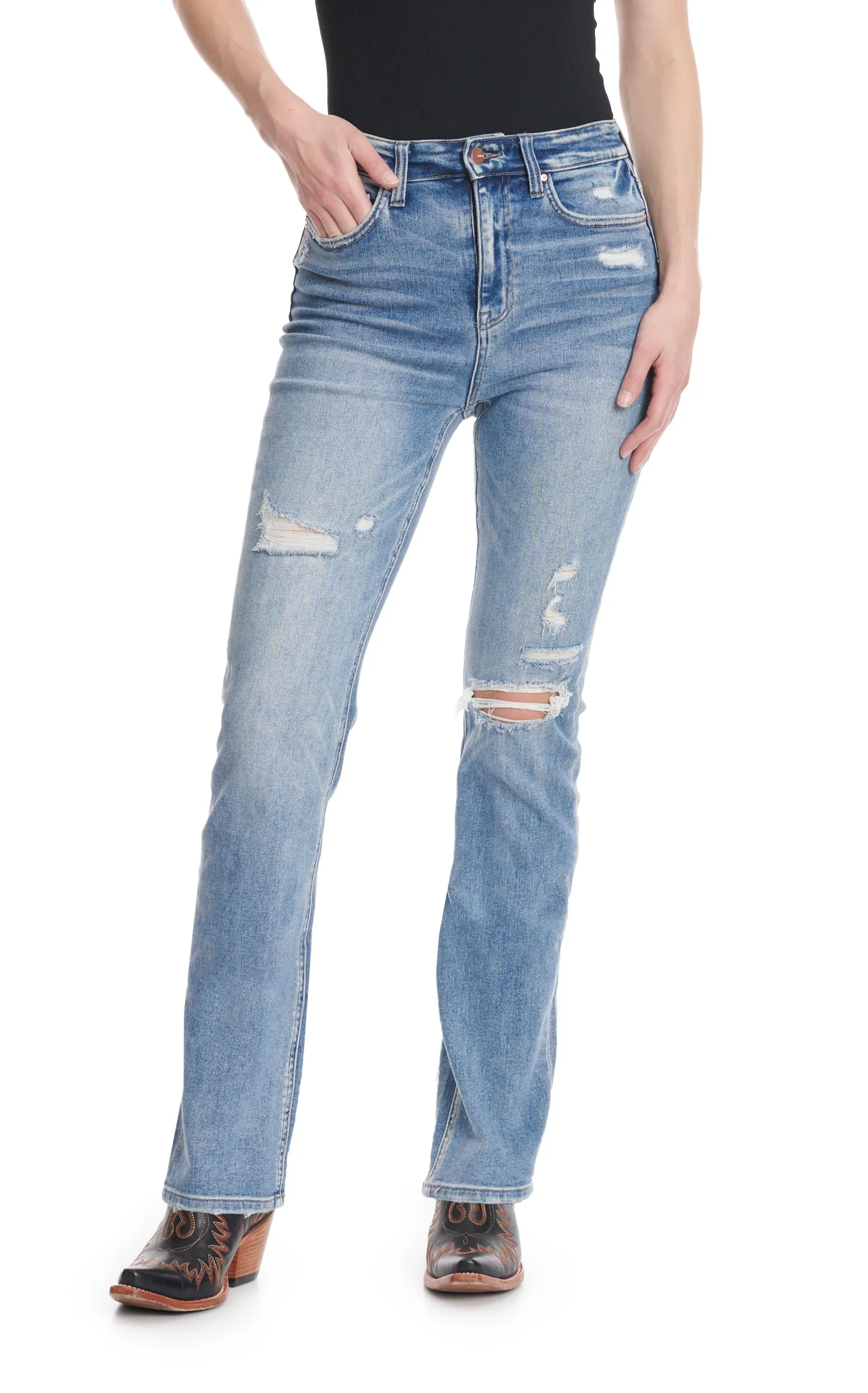 Mica Women's Light-Medium Wash Super High Rise Distressed Straight Leg Jeans 