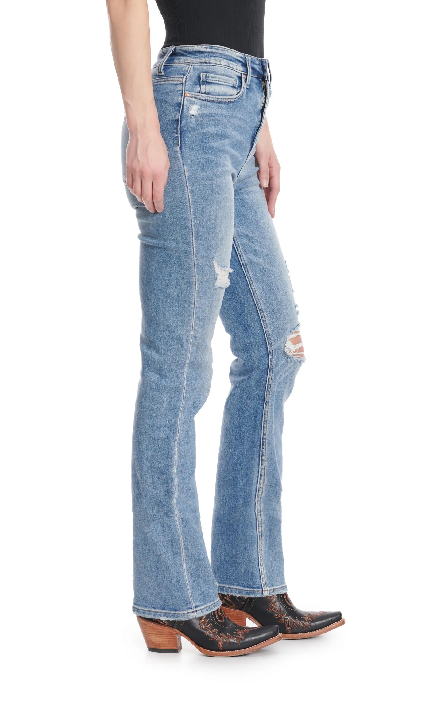 Mica Women's Light-Medium Wash Super High Rise Distressed Straight Leg Jeans 