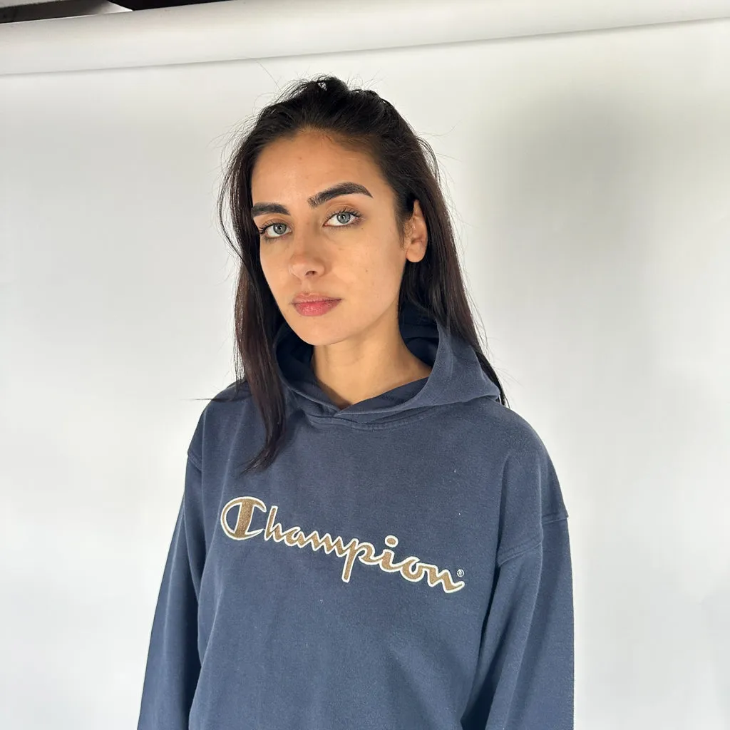 Navy Blue 90s Champion Spellout Hoodie Sweatshirt (M)