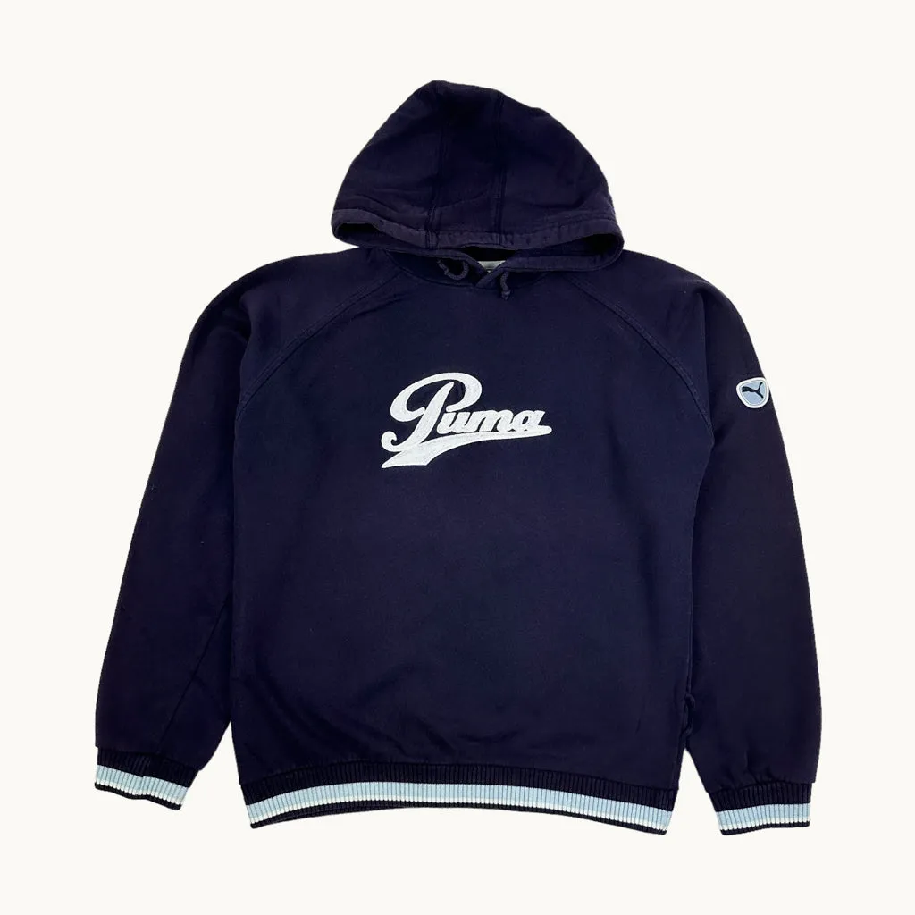 Navy Blue 90s PUMA Spellout Hoodie Sweatshirt (M)