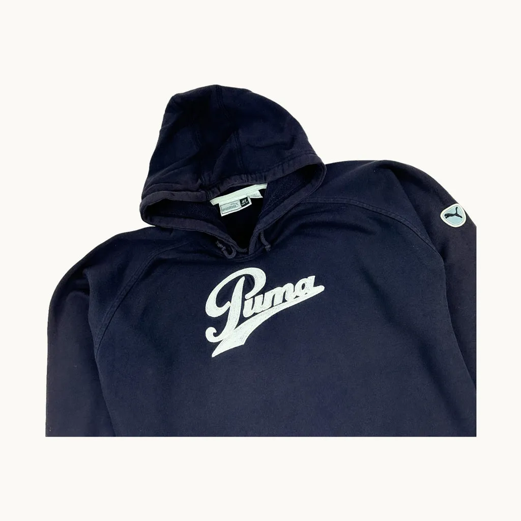 Navy Blue 90s PUMA Spellout Hoodie Sweatshirt (M)