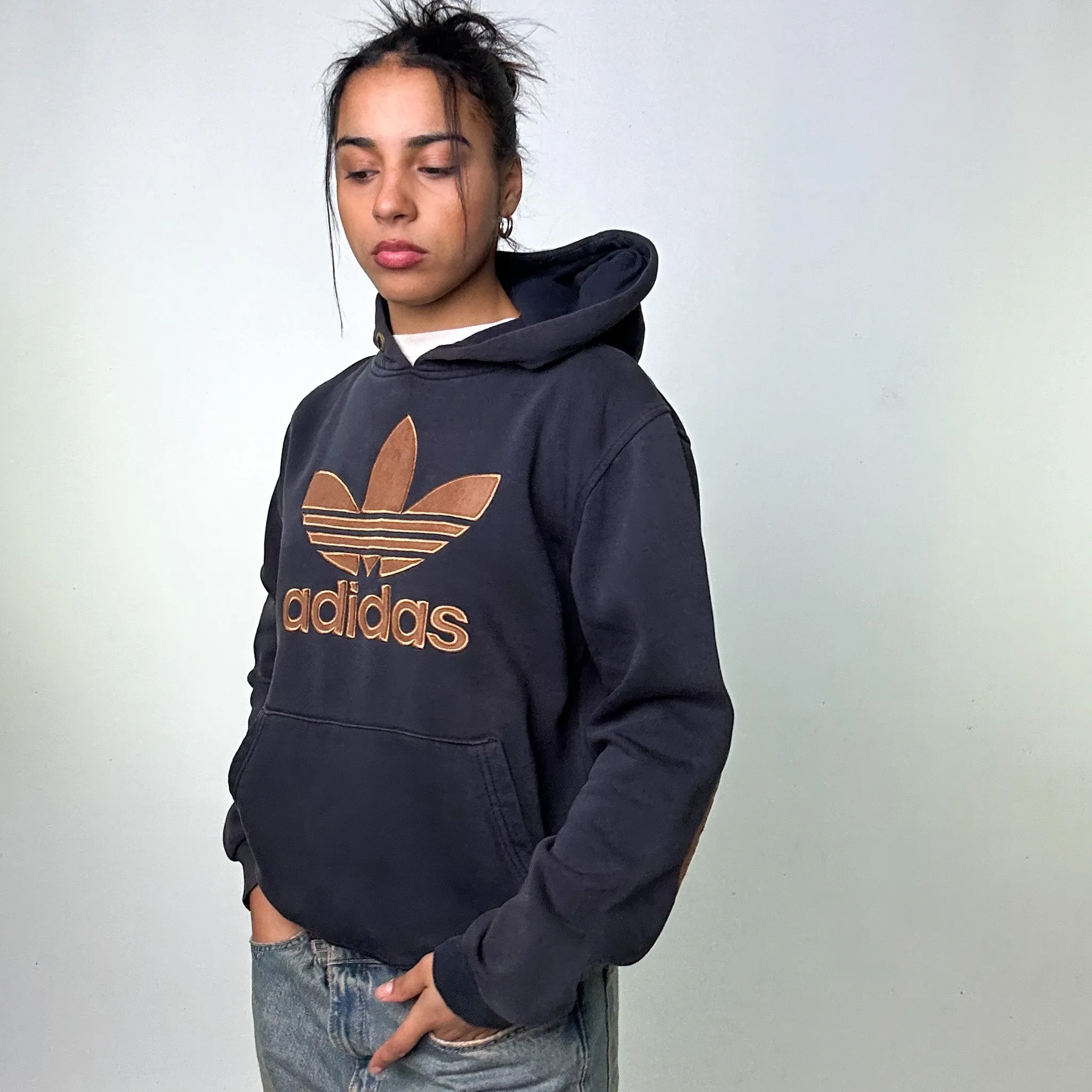 Navy Blue y2ks Adidas Spellout Hoodie Sweatshirt (M)