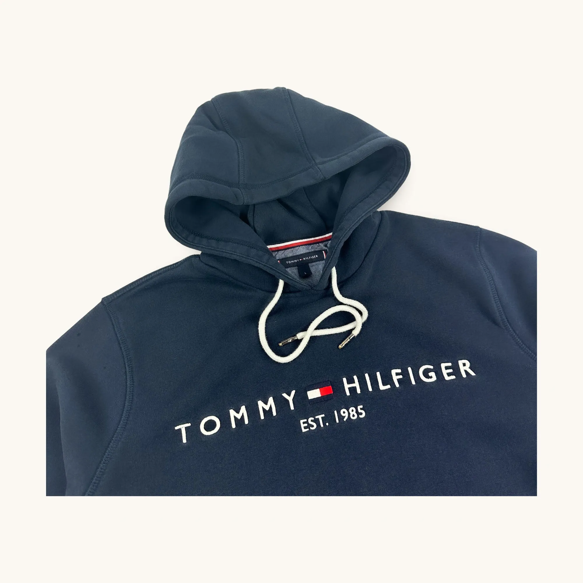 Navy Blue y2ks Tommy Hilfiger Spellout Hoodie Sweatshirt (M)