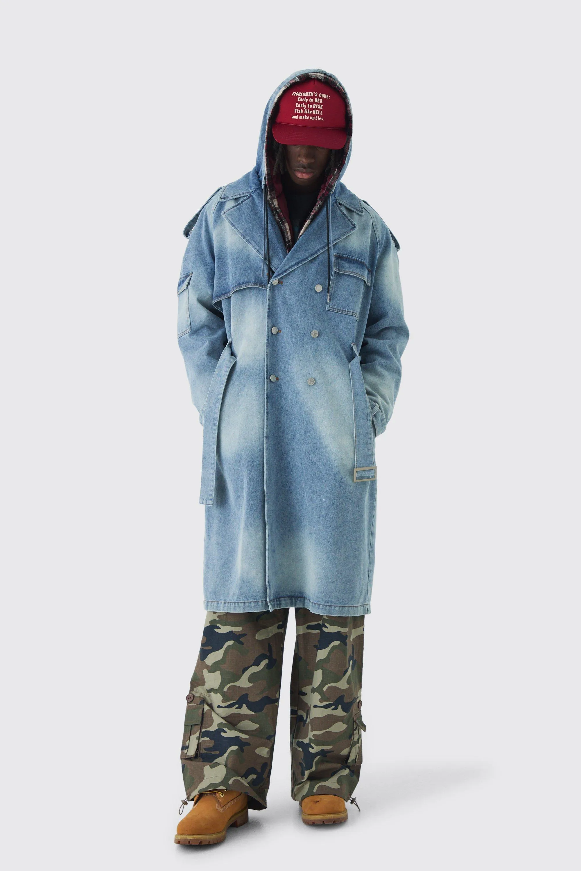 Oversized Hooded Denim Trench Coat