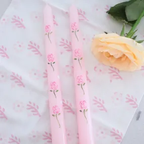 Pale pink Rose stem and Hearts Hand painted Candle