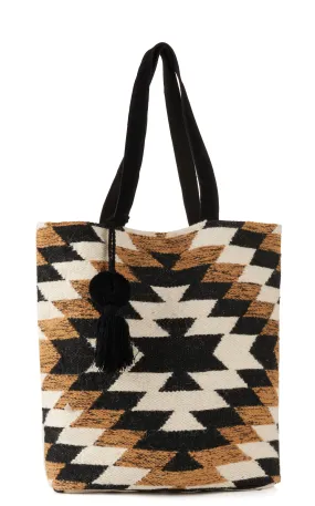 Panache Large Cream Brown and Black Aztec Pom-Tassel Tote Bag