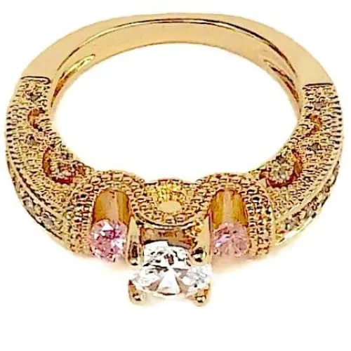 Pink and clear stones engagement cz 8kts of gold plated ring