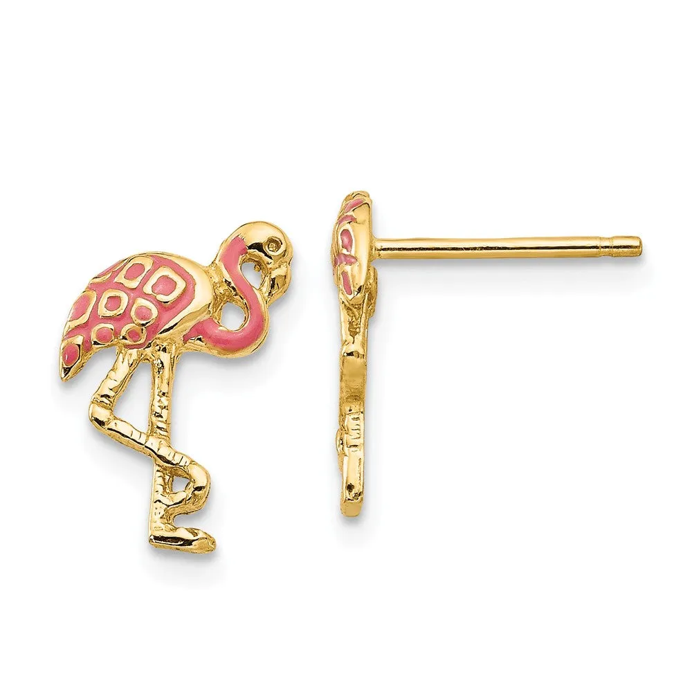 Pink Flamingo Post Earrings in 14k Yellow Gold and Enamel