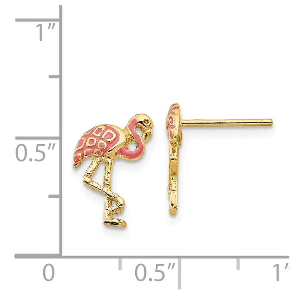 Pink Flamingo Post Earrings in 14k Yellow Gold and Enamel