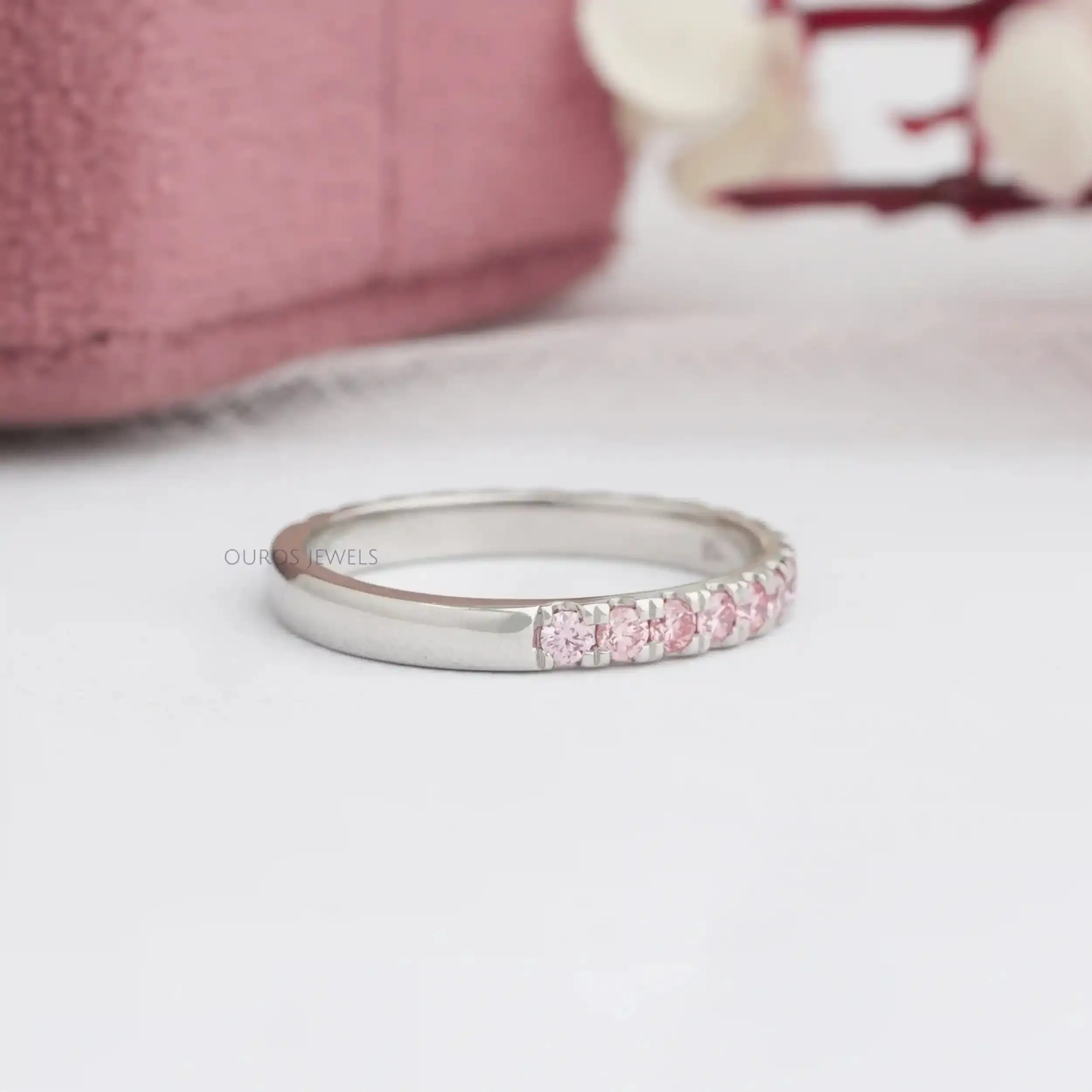 Pink Round Cut Lab Grown Diamond Half Eternity Band