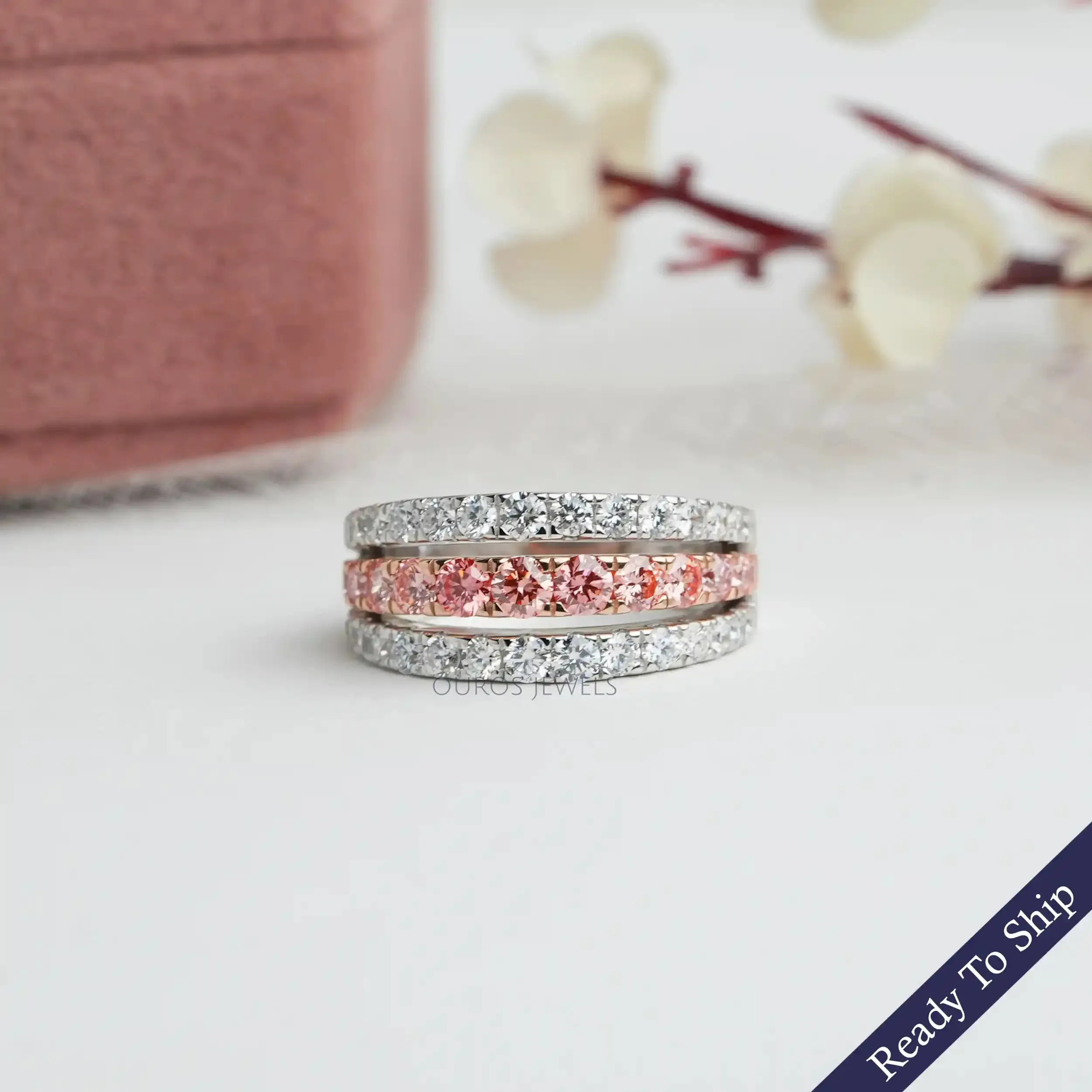 Pink Round Cut Lab Grown Diamond  Triple Row Band