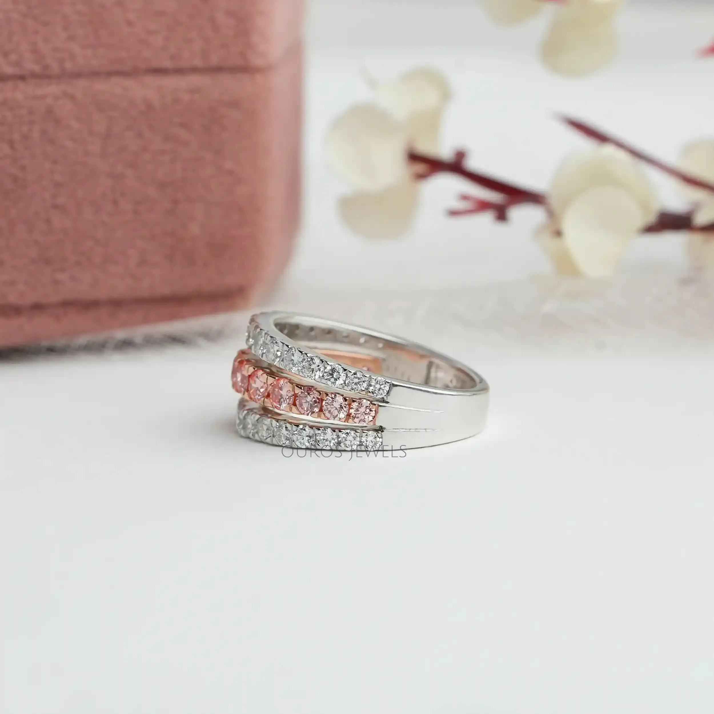 Pink Round Cut Lab Grown Diamond  Triple Row Band