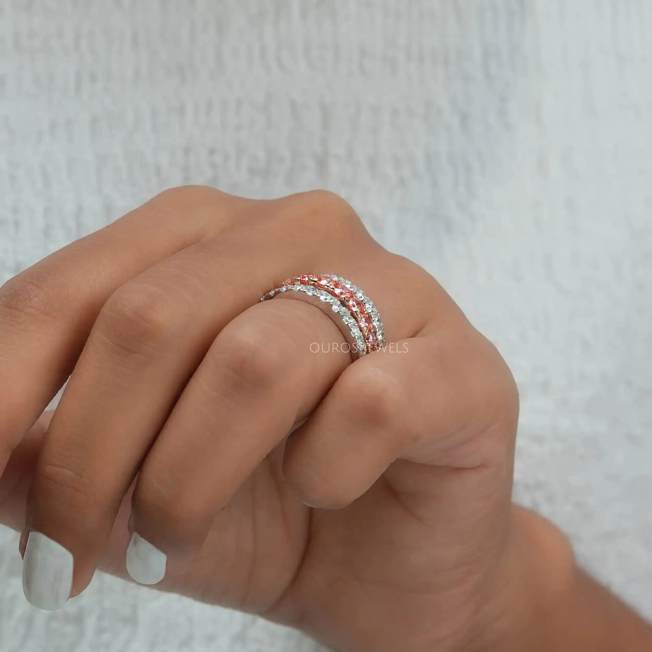 Pink Round Cut Lab Grown Diamond  Triple Row Band