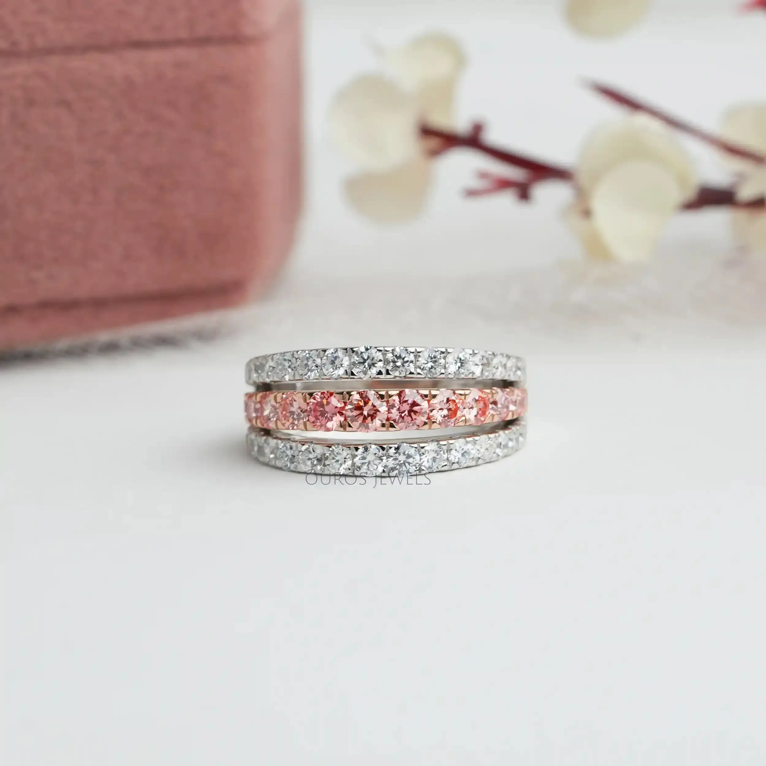 Pink Round Cut Lab Grown Diamond  Triple Row Band