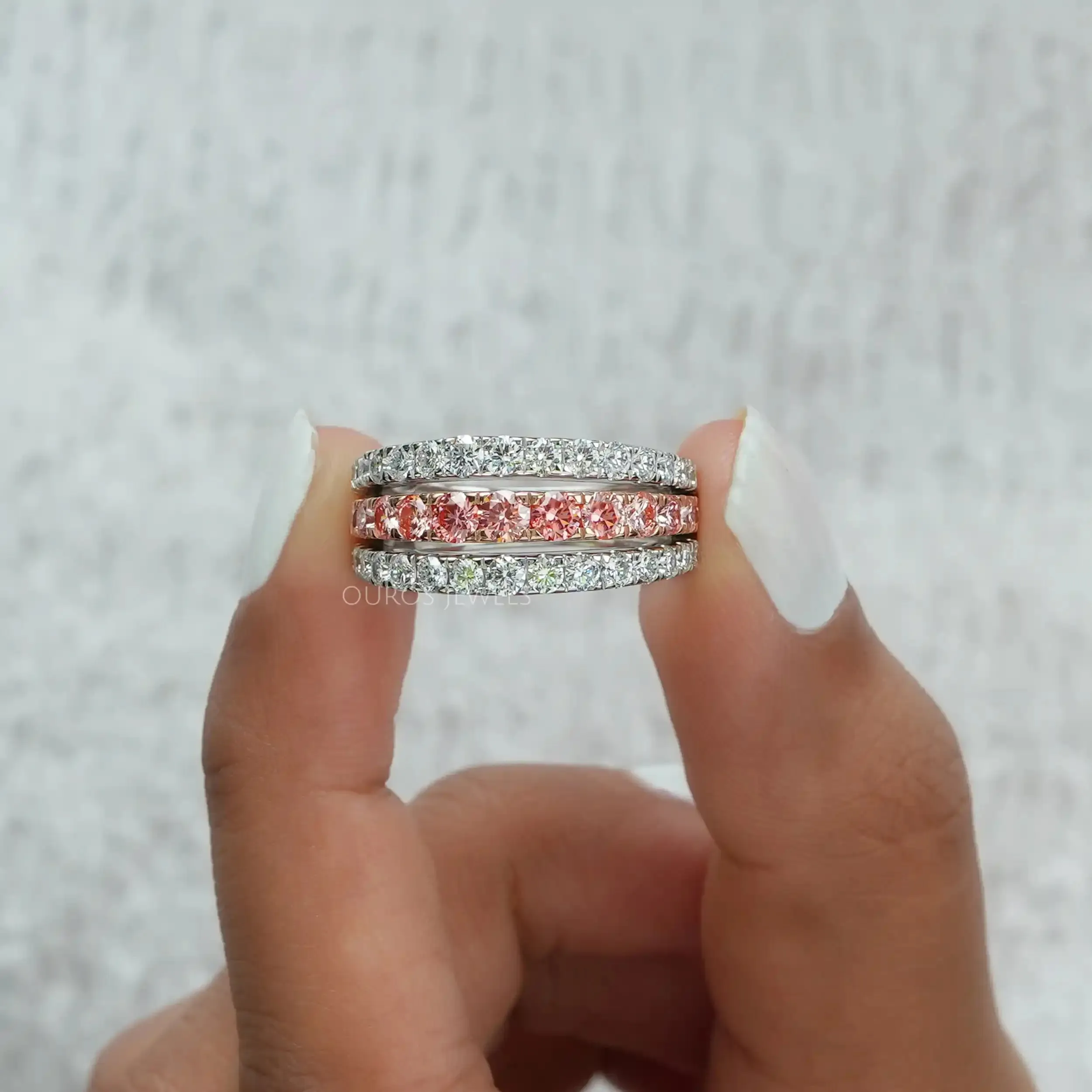 Pink Round Cut Lab Grown Diamond  Triple Row Band