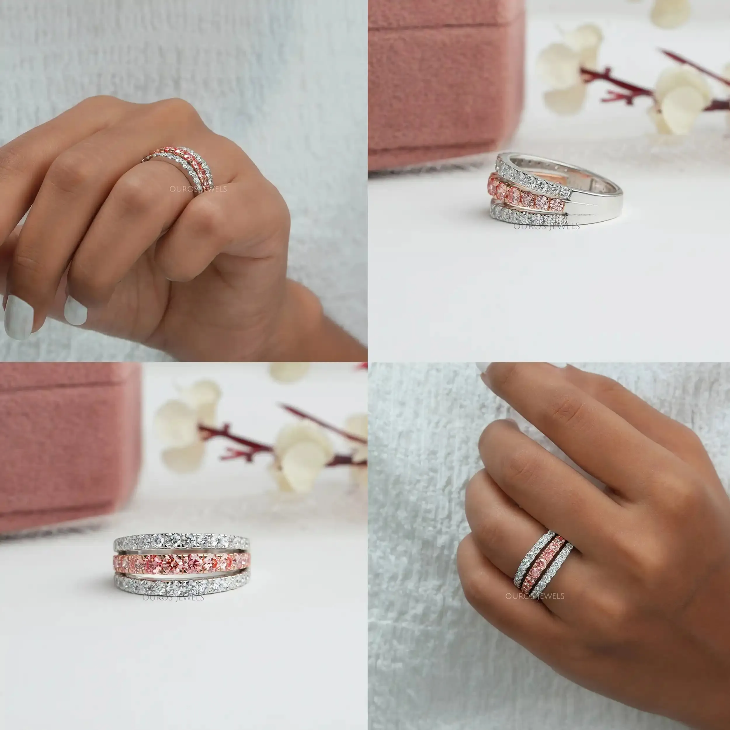 Pink Round Cut Lab Grown Diamond  Triple Row Band