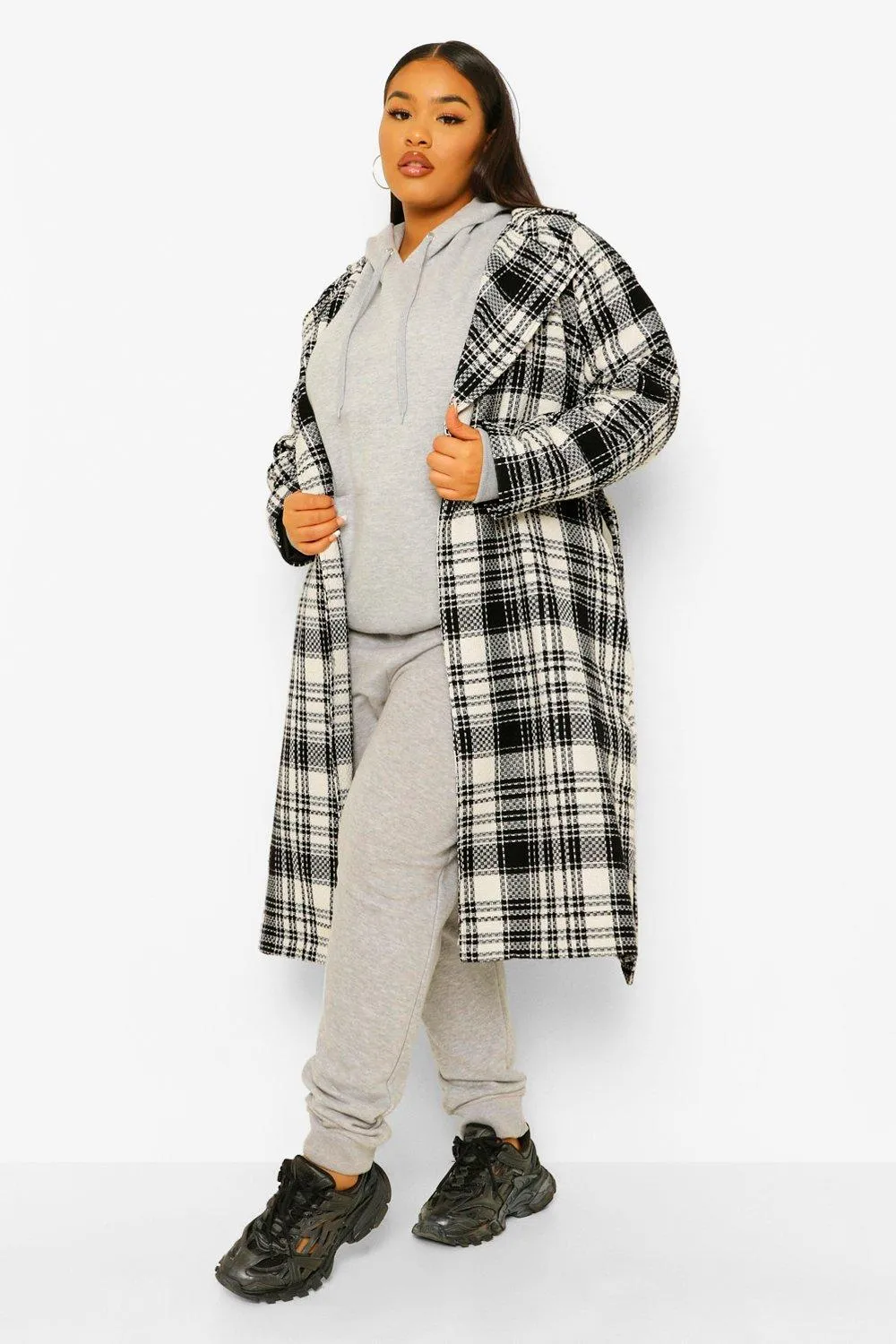 Plus Military Button Check Trench Coat