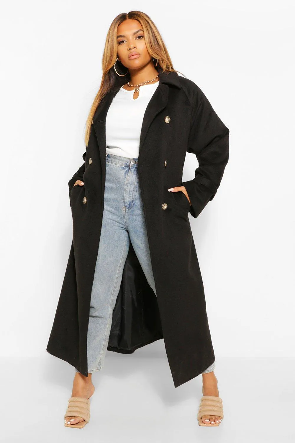 Plus Wool Look Double Breasted Trench Coat