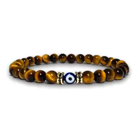 Polished Tigers Eye Stone Bracelet, Evil Eye Gold with Black Zirconia