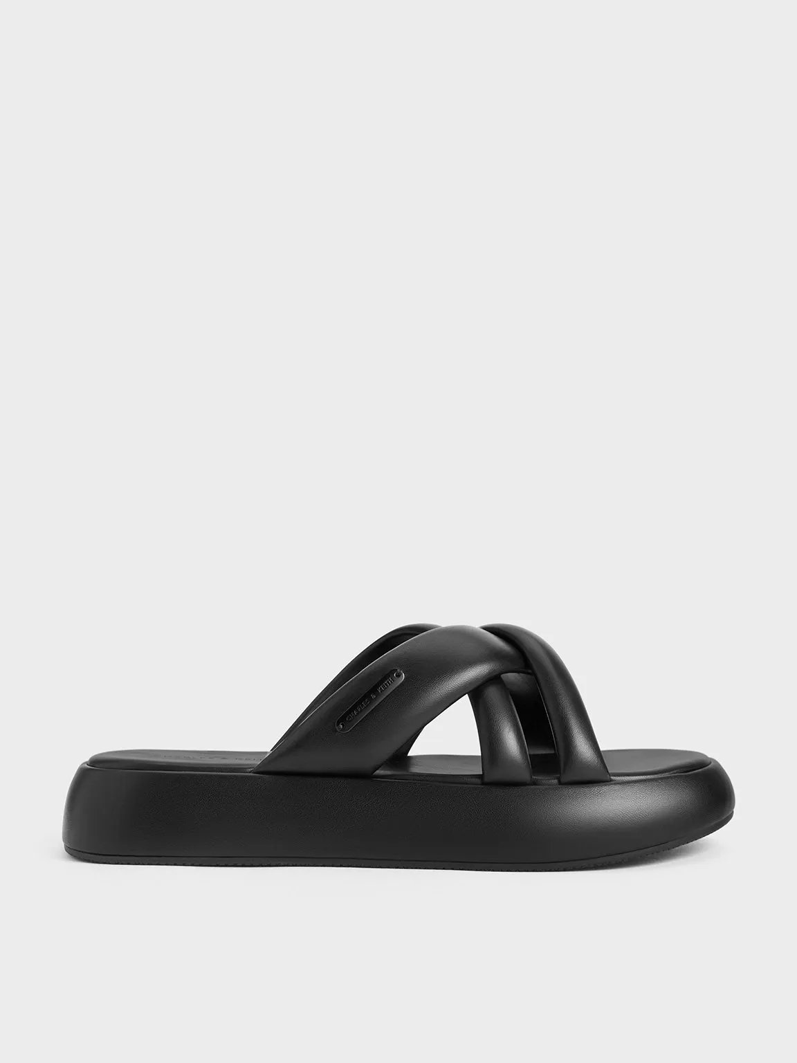 Puffy Crossover-Strap Slide Sandals - Black