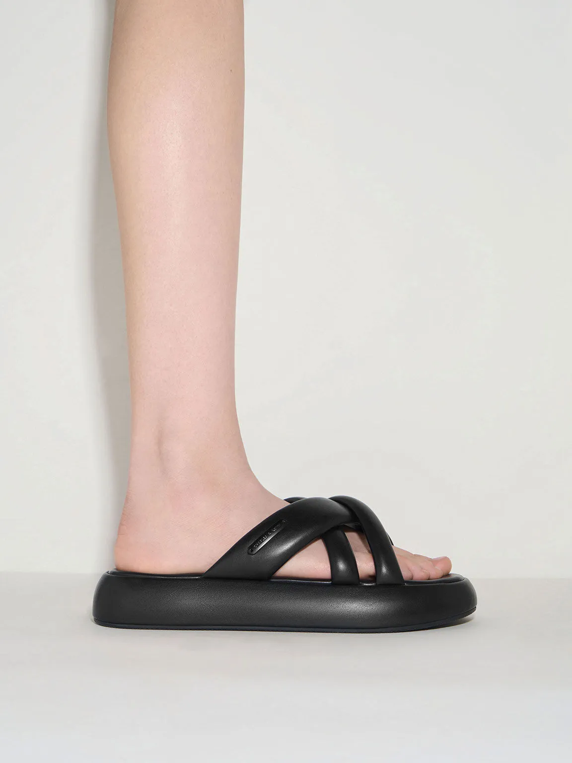 Puffy Crossover-Strap Slide Sandals - Black