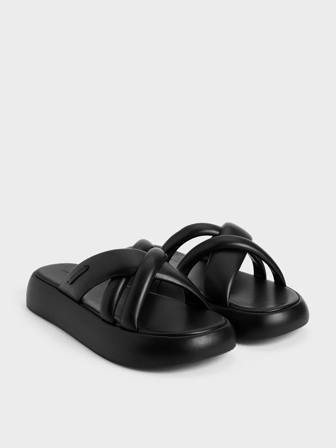 Puffy Crossover-Strap Slide Sandals - Black