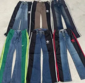 Reworked Ladies Denim Jeans with Trouser made using Nike, Adidas, Puma, Fila, Under Armour and Other Vintage Trousers and unbran