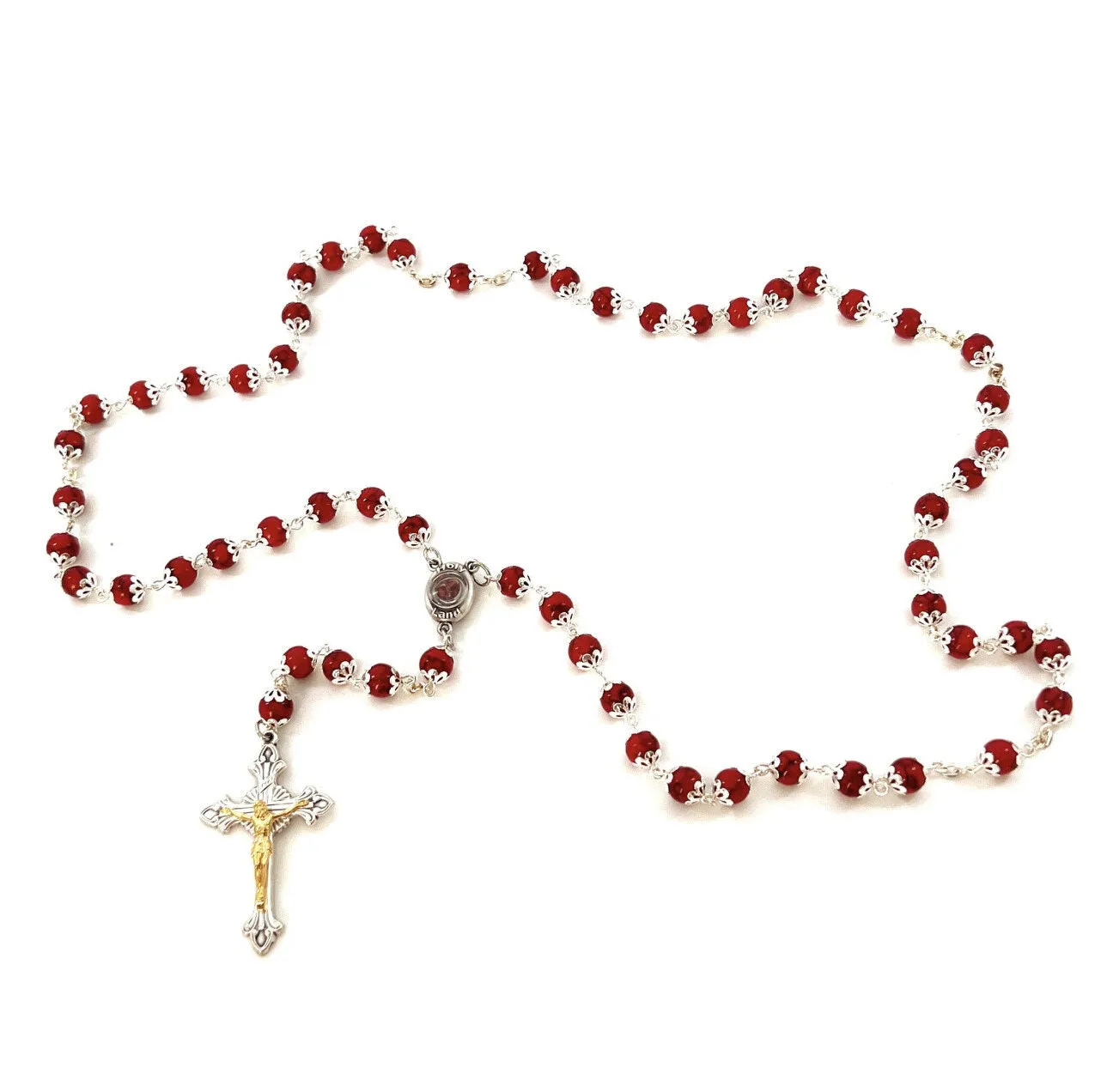 Rosary, Red Stone Beads, 22.4, Metal Chain, Bethlehem Handmade