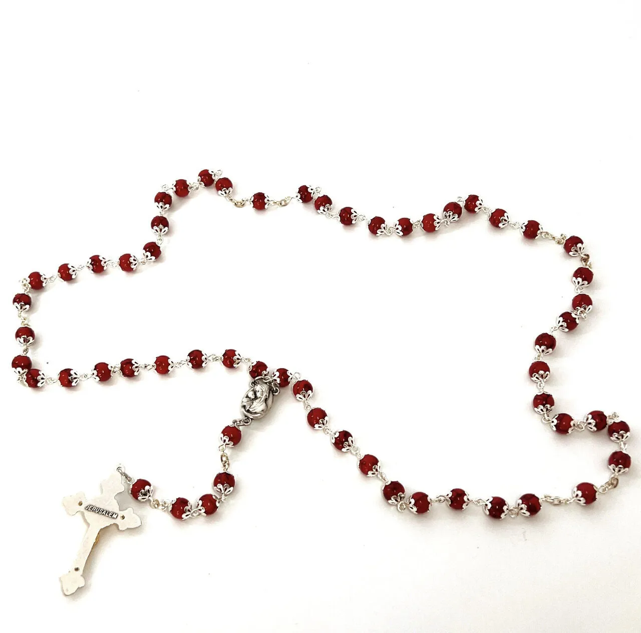 Rosary, Red Stone Beads, 22.4, Metal Chain, Bethlehem Handmade