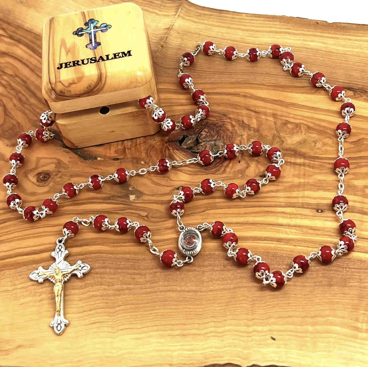 Rosary, Red Stone Beads, 22.4, Metal Chain, Bethlehem Handmade