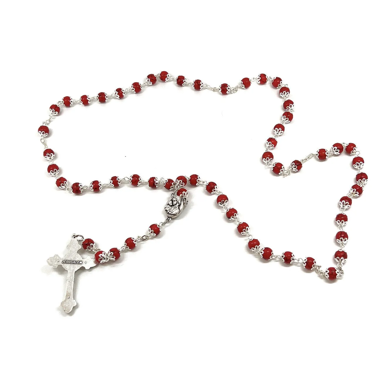 Rosary, Red Stone Beads, 22.4, Metal Chain, Bethlehem Handmade