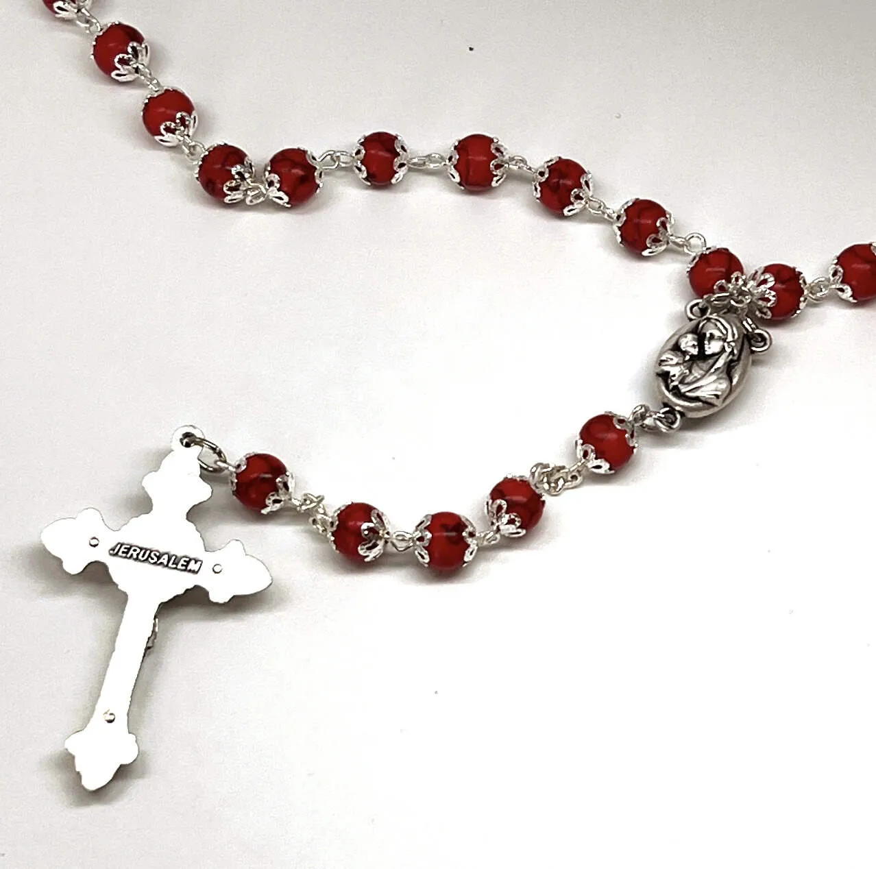 Rosary, Red Stone Beads, 22.4, Metal Chain, Bethlehem Handmade