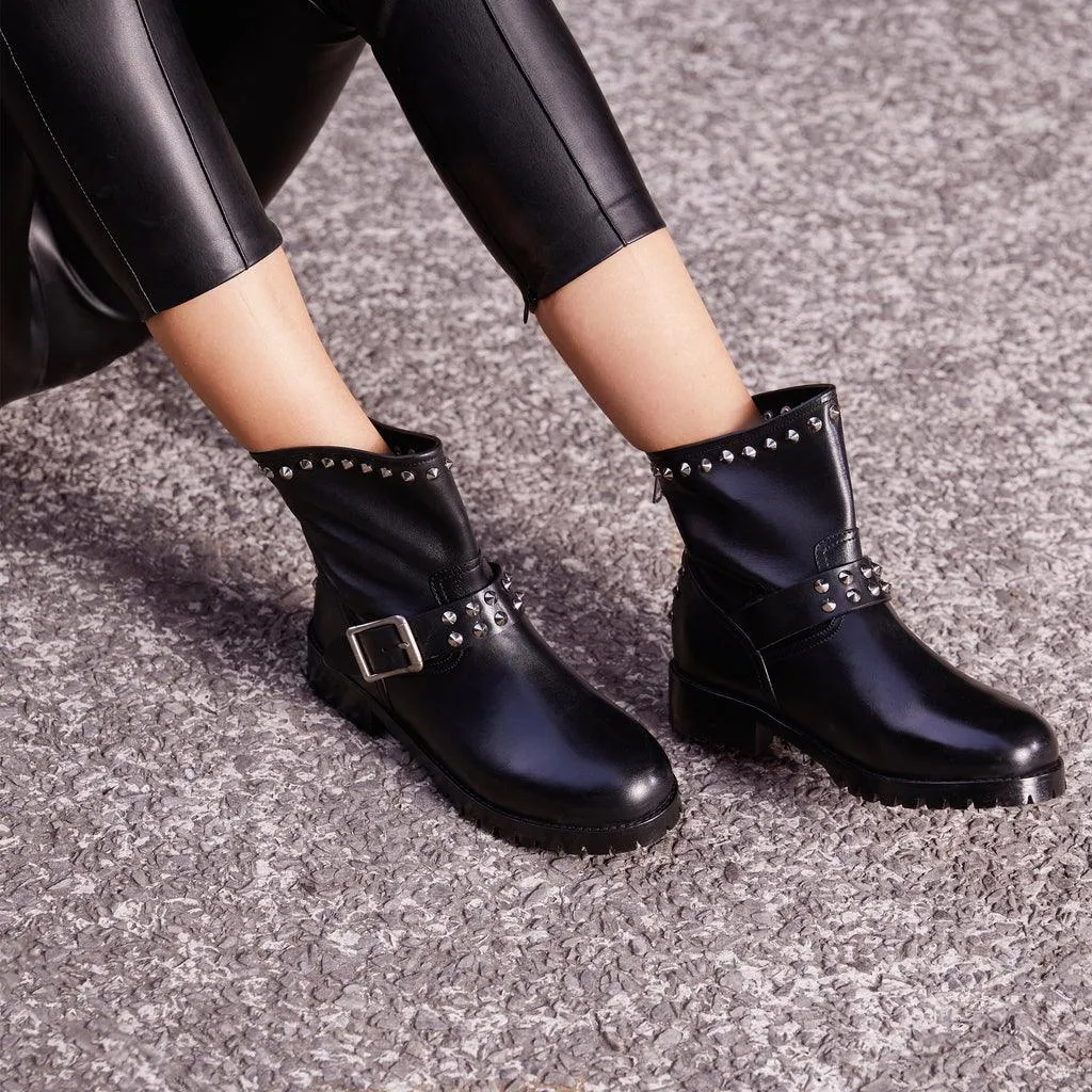 Saint Adelina Metal Studded Black Leather Ankle Boots