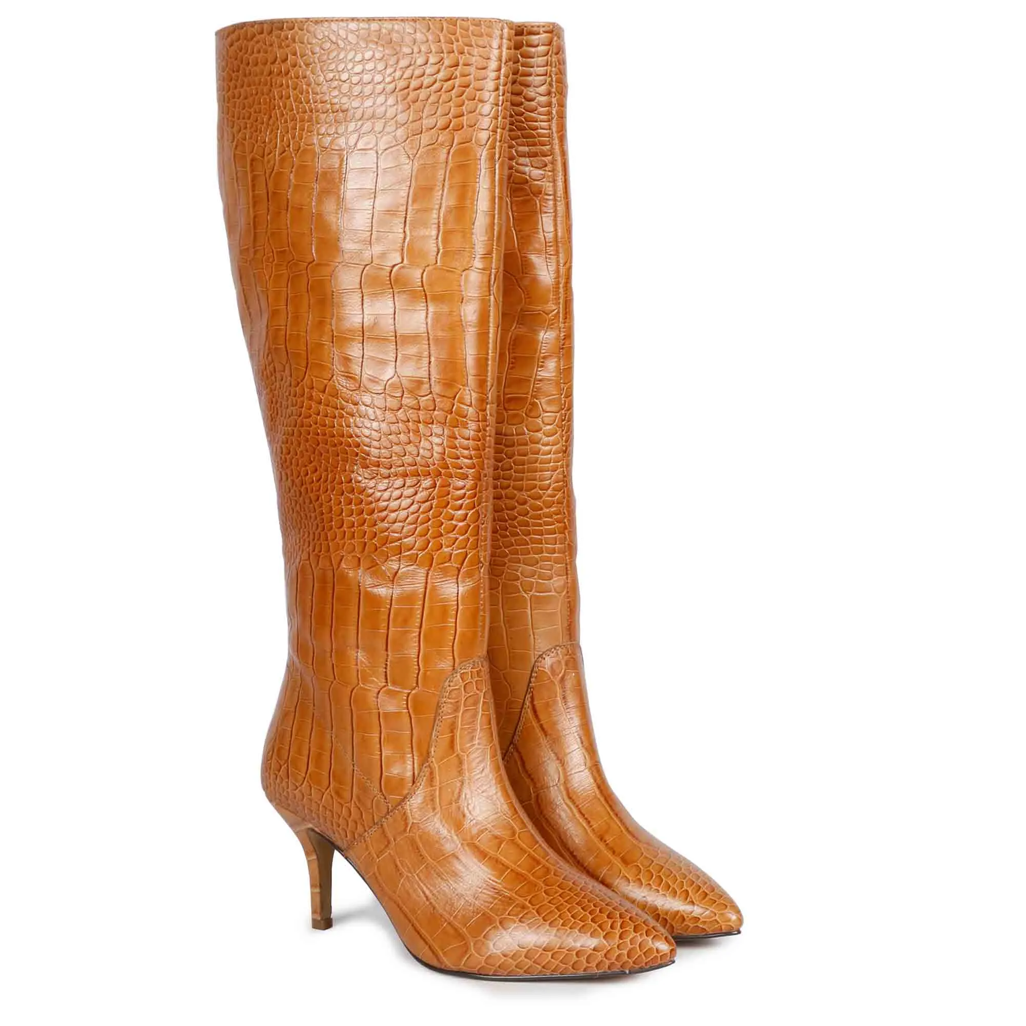 Saint Adella Croco Embossed Cuoio Leather Long Boots