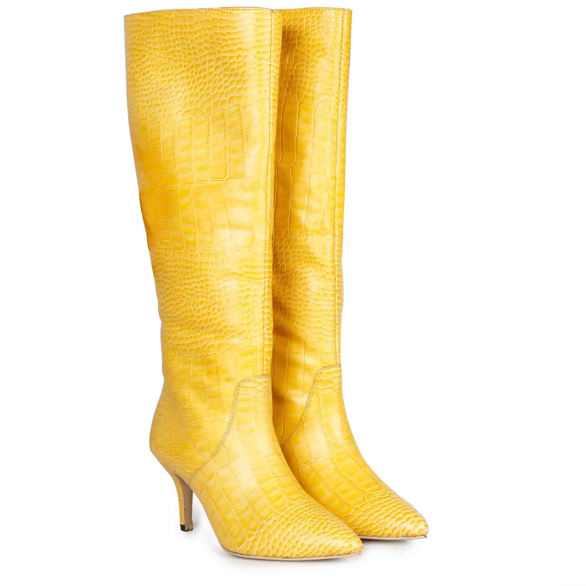 Saint Adella Croco Embossed Yellow Leather Long Boots