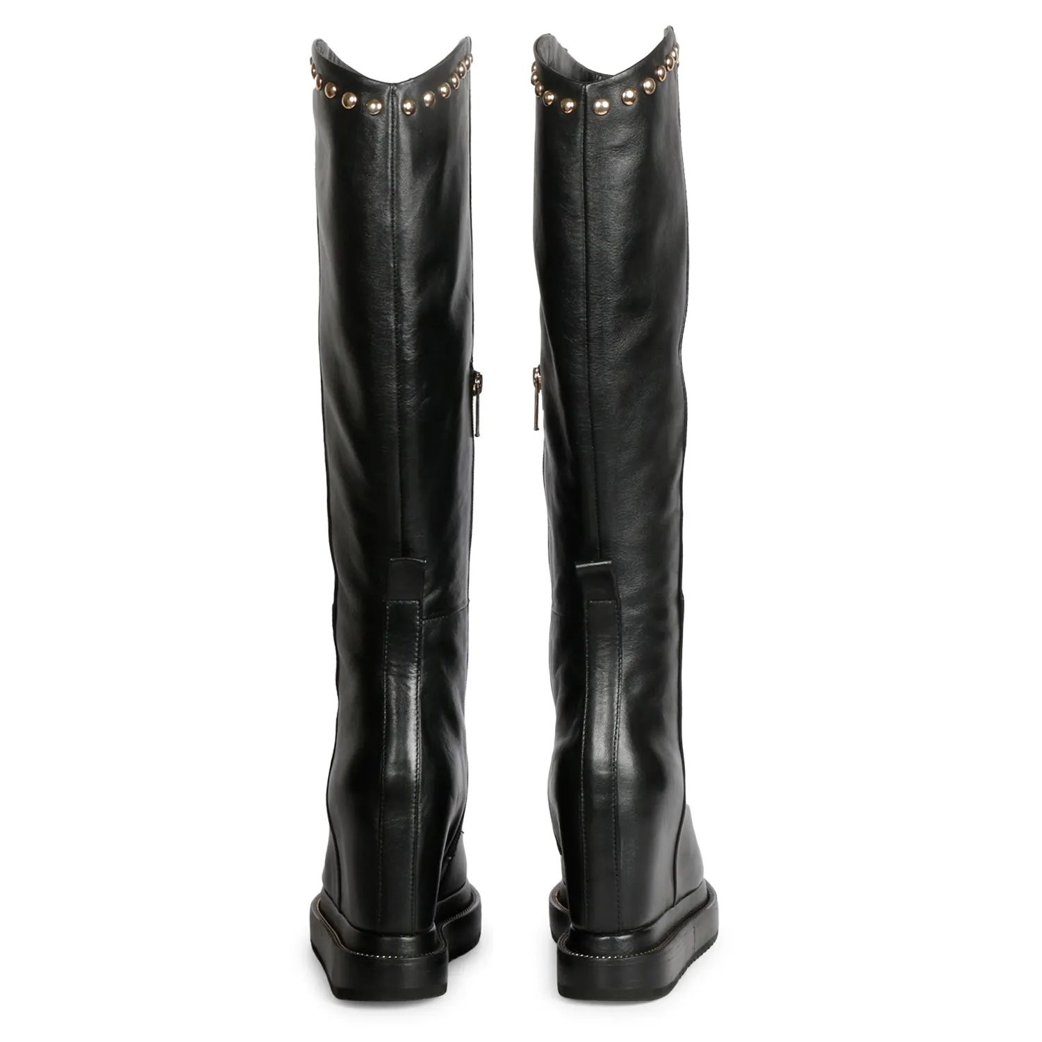 Saint Adelmo Studded Black Leather Inside Wedge Heel Long Boots